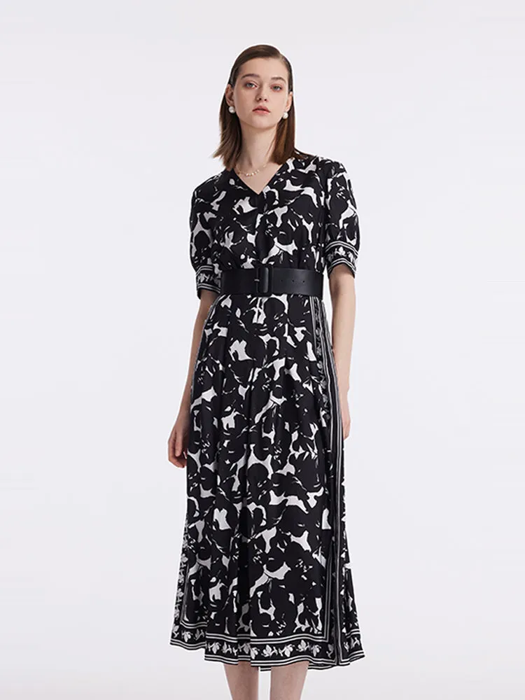 14 Momme Mulberry Silk Iris Printed Women Maxi Dress With Belt