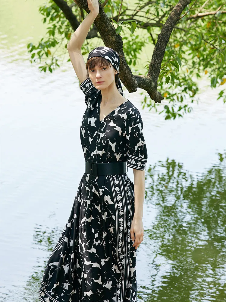 14 Momme Mulberry Silk Iris Printed Women Maxi Dress With Belt