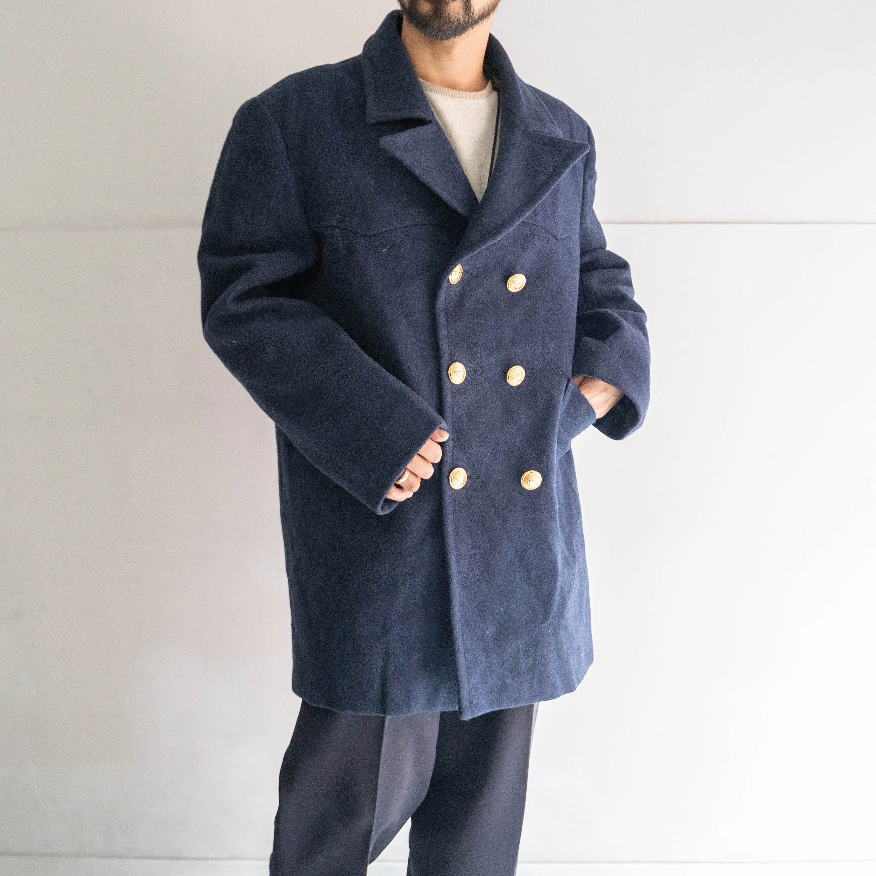 1960-70s italian navy wool p coat -dark navy- 'dead stock'