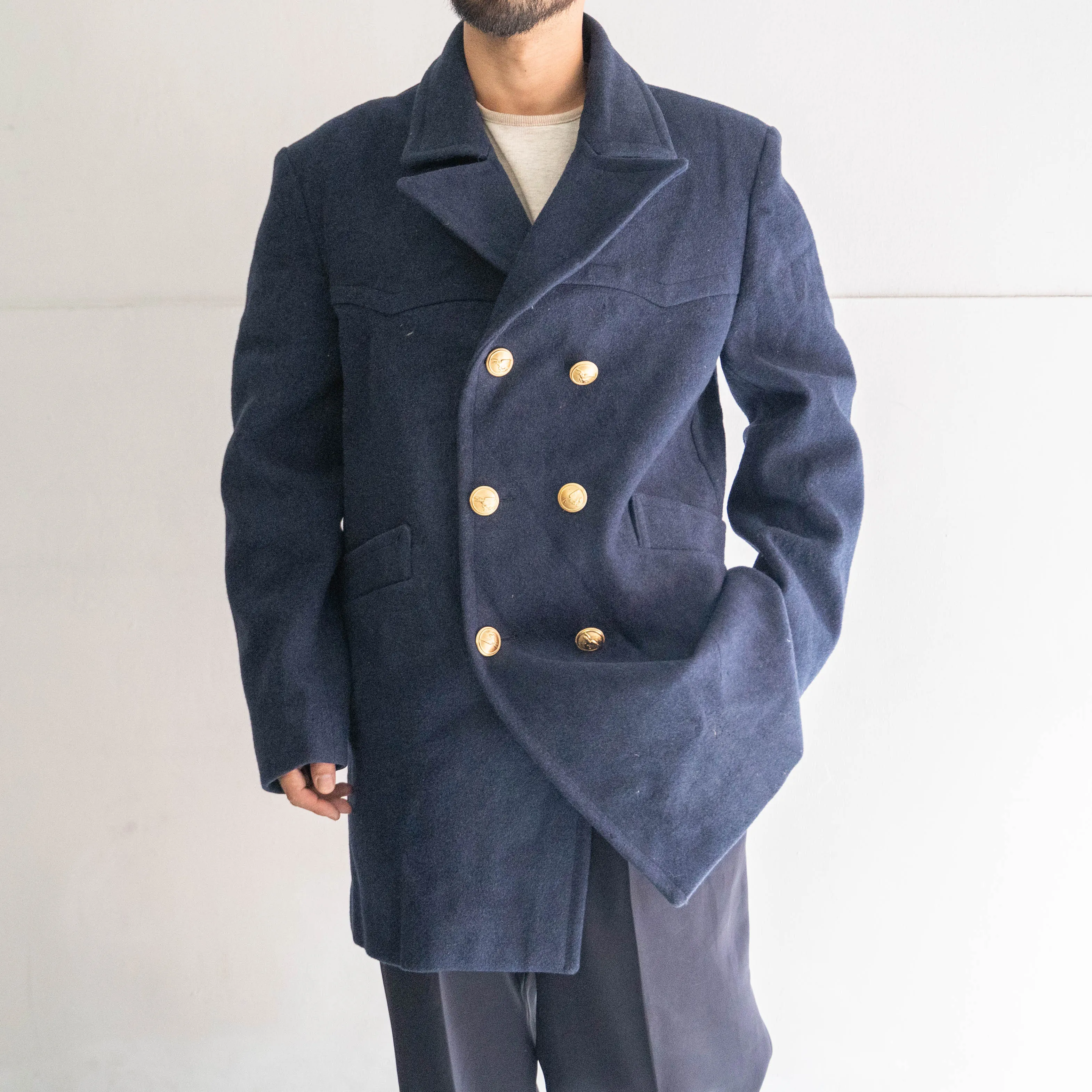 1960-70s italian navy wool p coat -dark navy- 'dead stock'