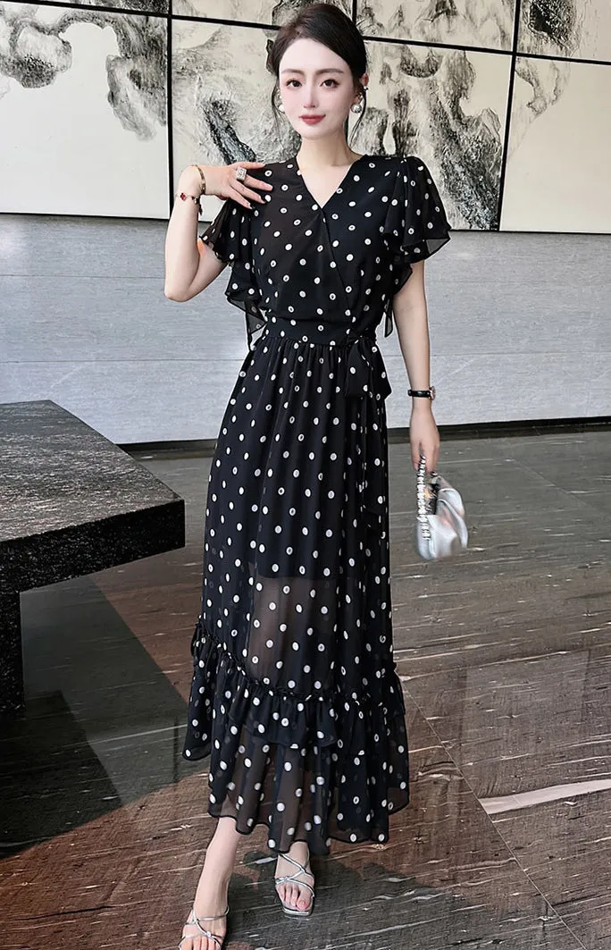 2024 summer dress new temperament elegant fashion polka dot V-neck dress