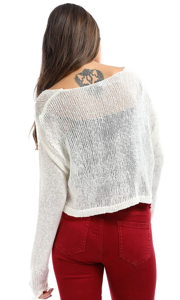 51390 Off White Cropped Knitted Pullover