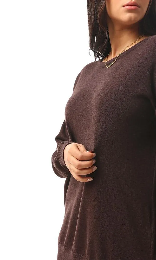 94384 High-Low Winter Long Basic Pullover - Dark Chocolate