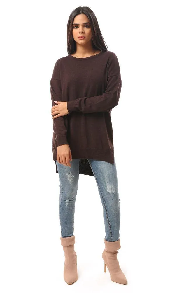 94384 High-Low Winter Long Basic Pullover - Dark Chocolate