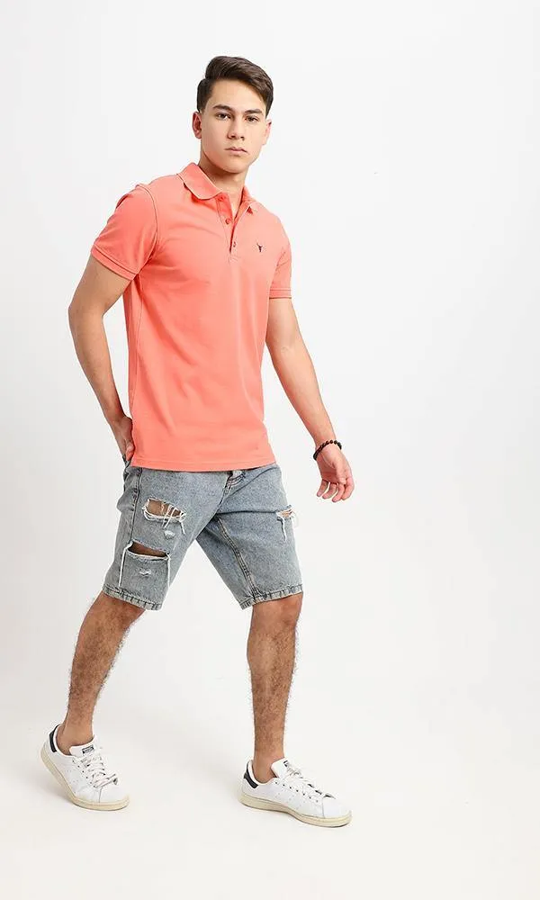 94638 Coral Short Sleeves Casual Buttoned Polo Shirt