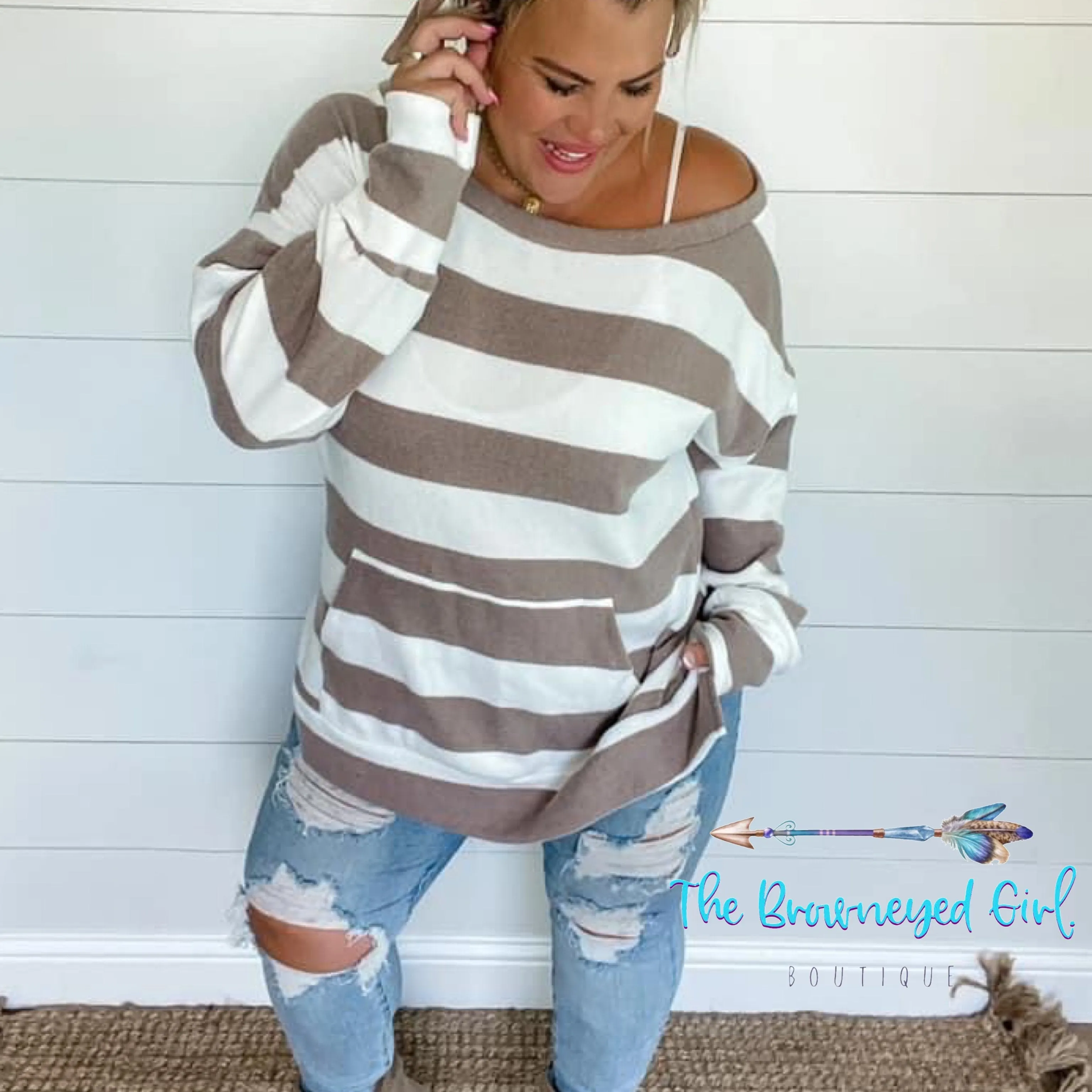 Addison Stripe Pullover Front Pocket Sweat Shirt