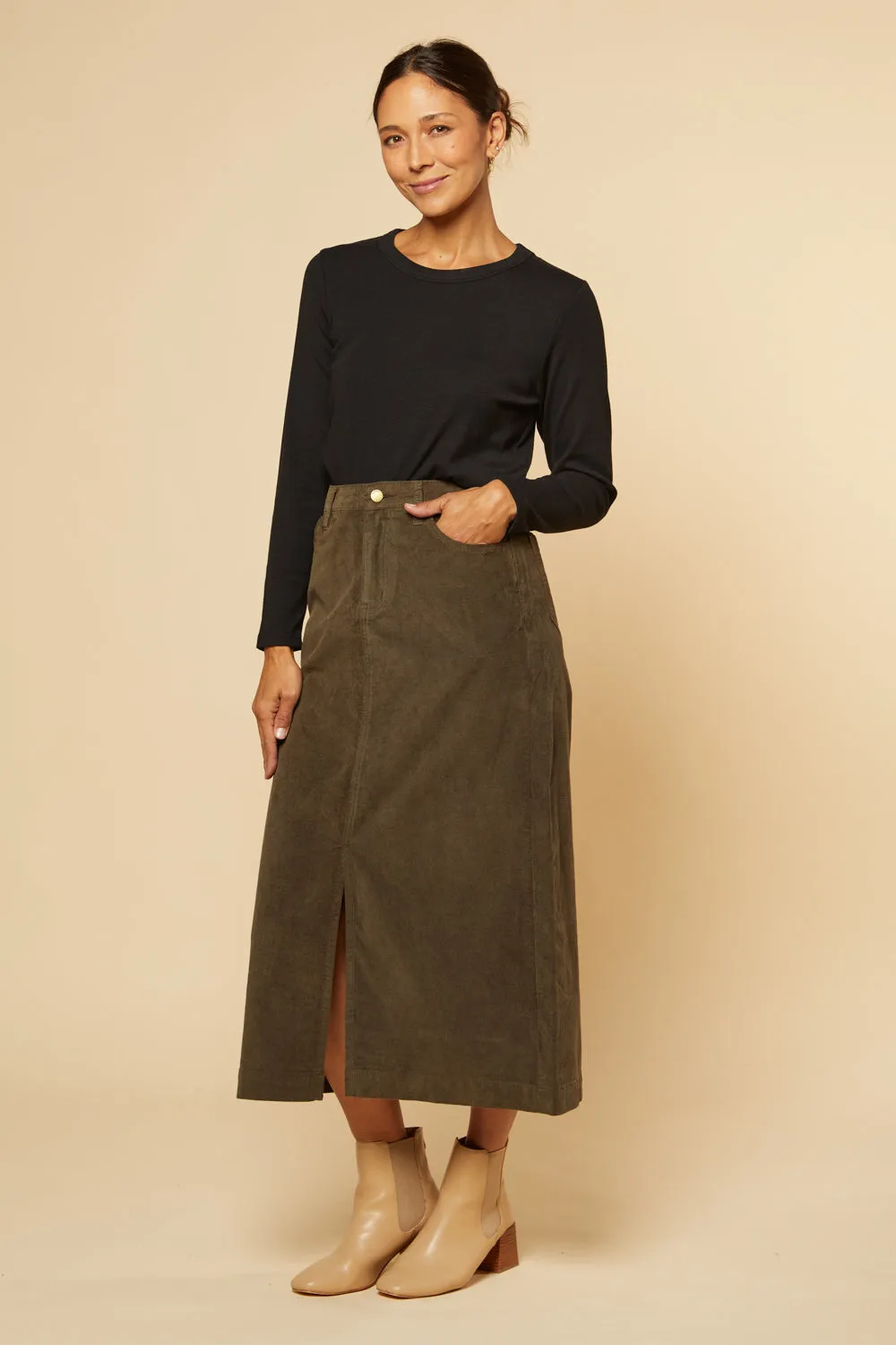 Adrift Split Brushed Cotton Skirt in Olive