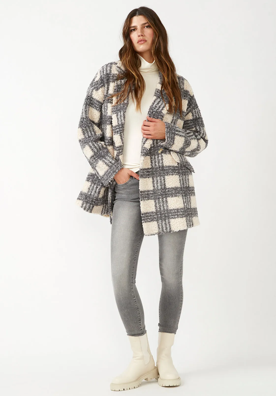 Aurelie Women's Oversized Car Coat in Blue Cream Plaid - JK0009F