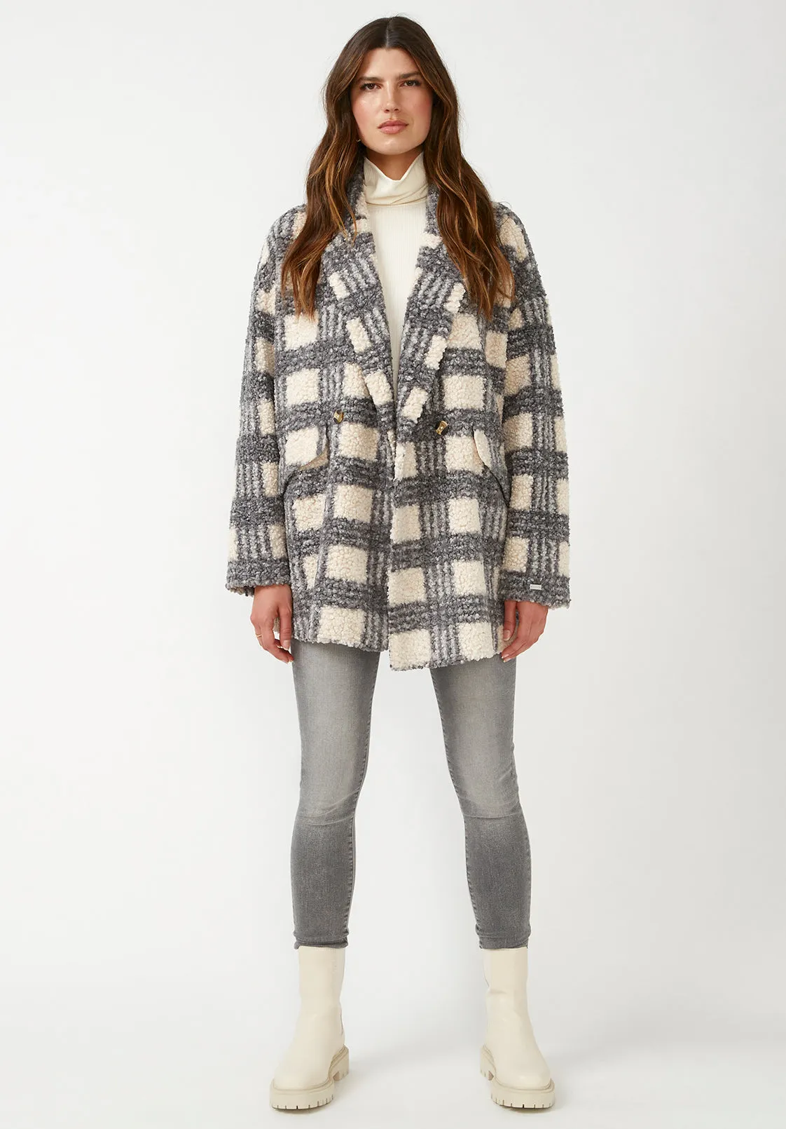 Aurelie Women's Oversized Car Coat in Blue Cream Plaid - JK0009F