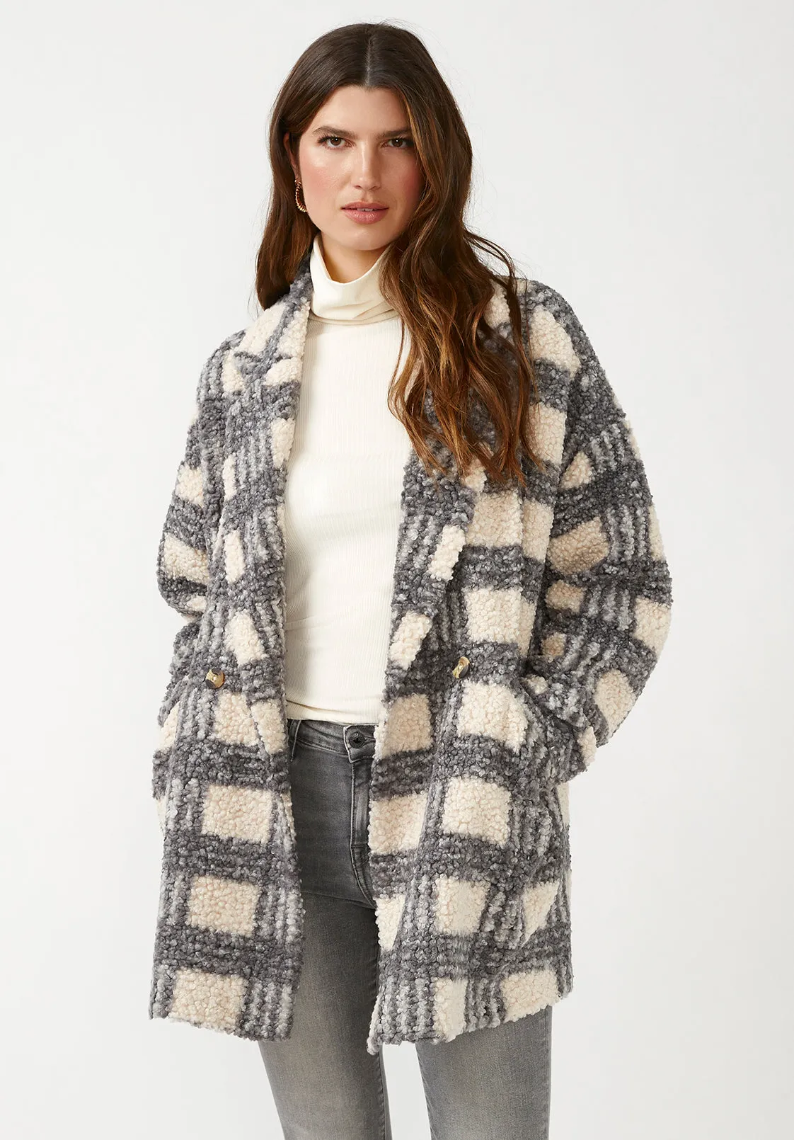 Aurelie Women's Oversized Car Coat in Blue Cream Plaid - JK0009F