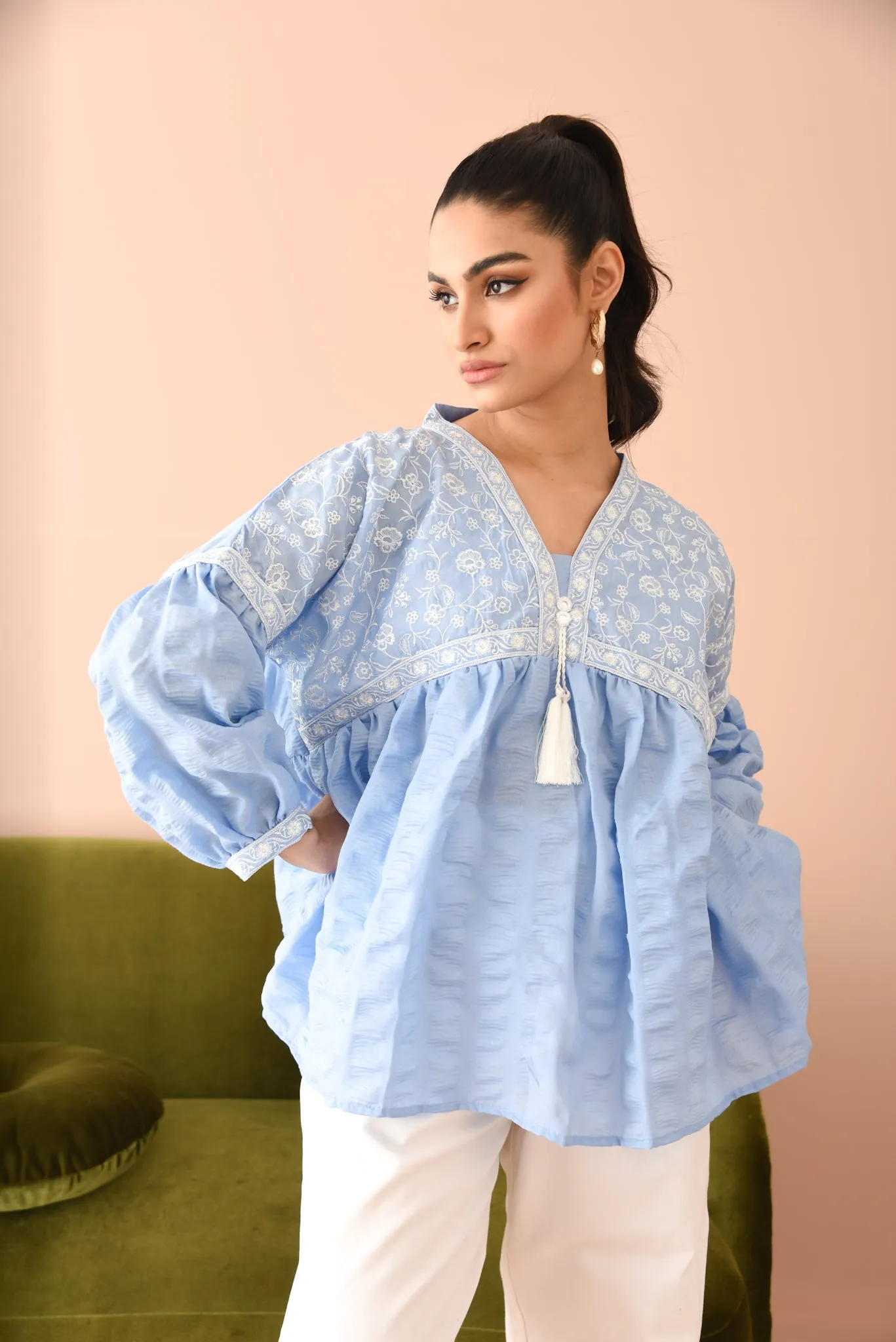 Baby Blue Embroidered Peplum Top NPA1-22218