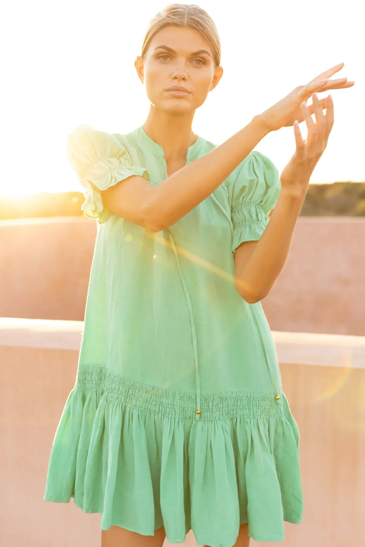 Bahama Green Smocked Drop Mini Dress