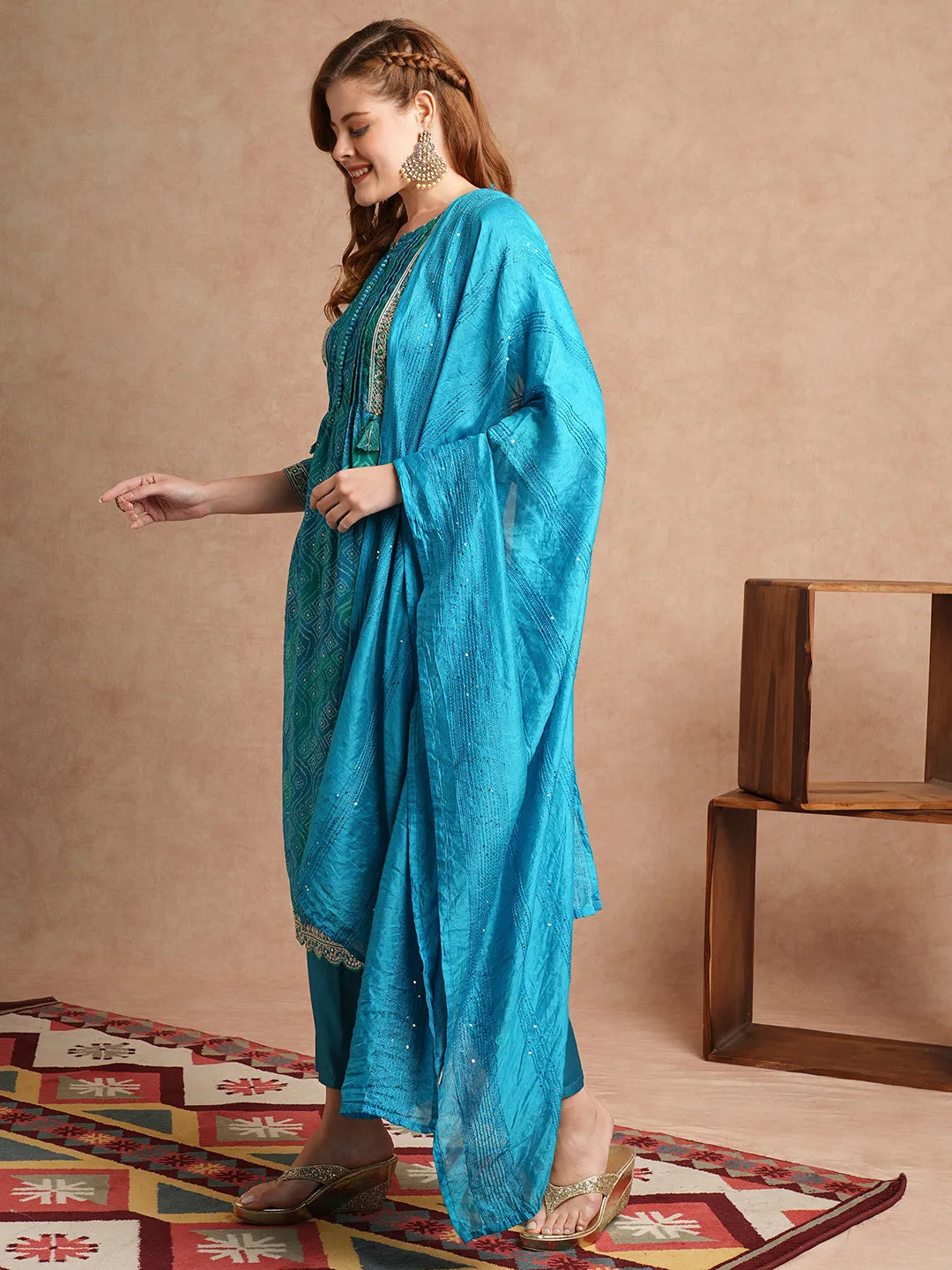 Bandhani Printed & Embroidered Straight Kurta with Pant & Dupatta - Turquoise Blue