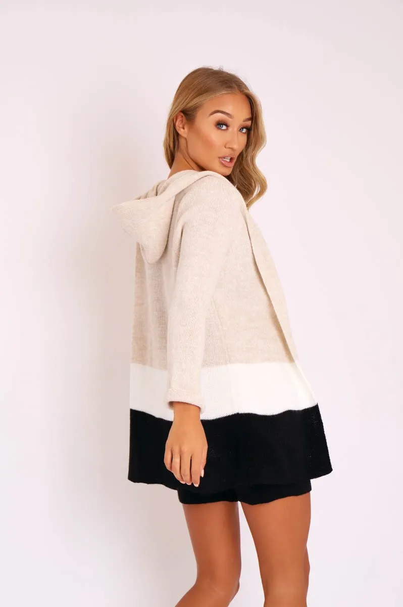 Beige White Black Knitted Shorts and Hooded Cardigan Co-ord - Kyrie