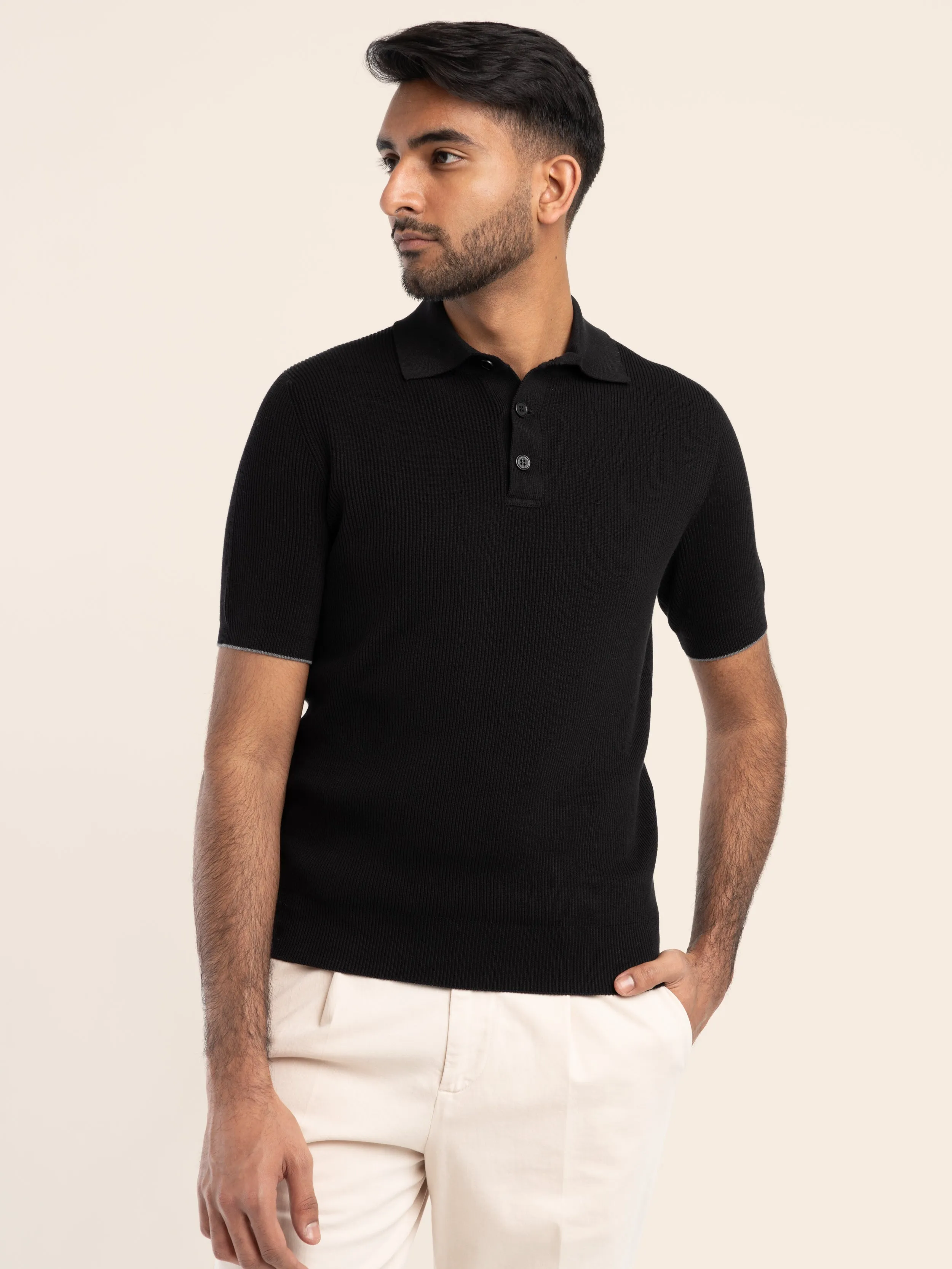 Black Ribbed Cotton Polo Shirt