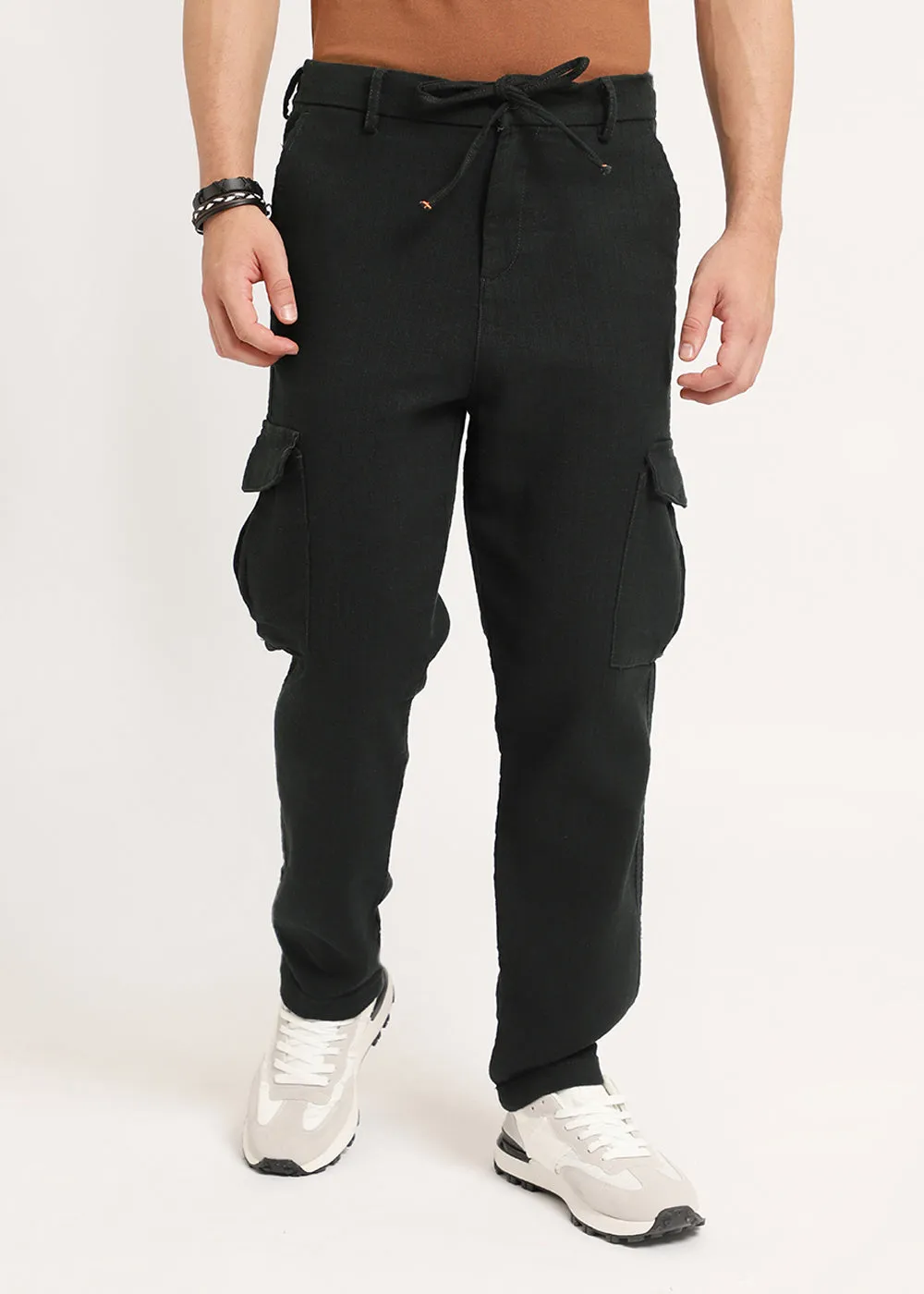 Bottle Green Linen Cargo Pants