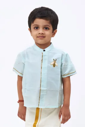 Boys Exclusive Ice Blue Silk Ensemble with Gleaming Honey Bee Emblem