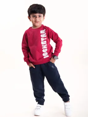 Boys Fleece Printed Round Neck Sweatshirt With Solid Track Pant Set