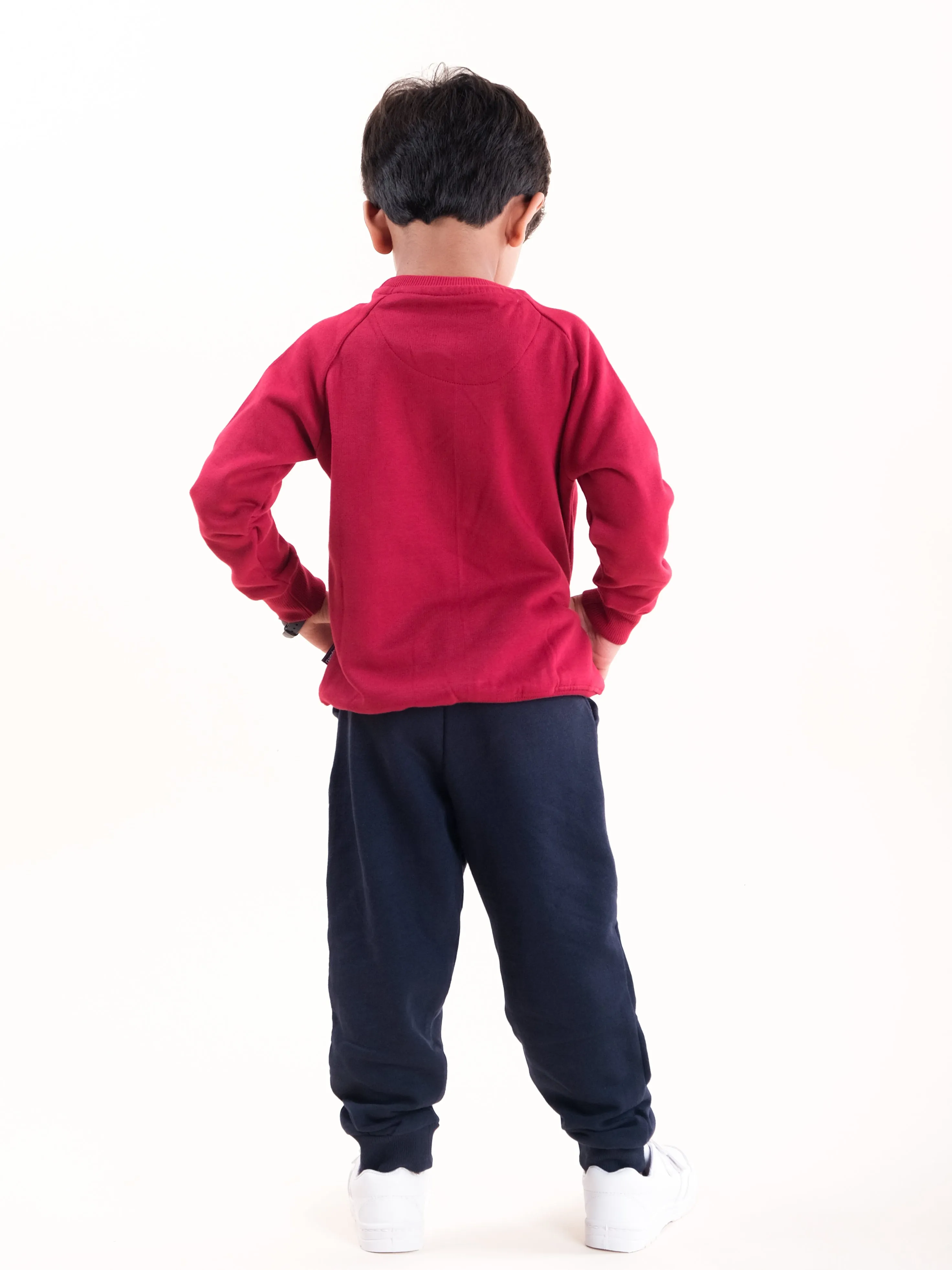 Boys Fleece Printed Round Neck Sweatshirt With Solid Track Pant Set