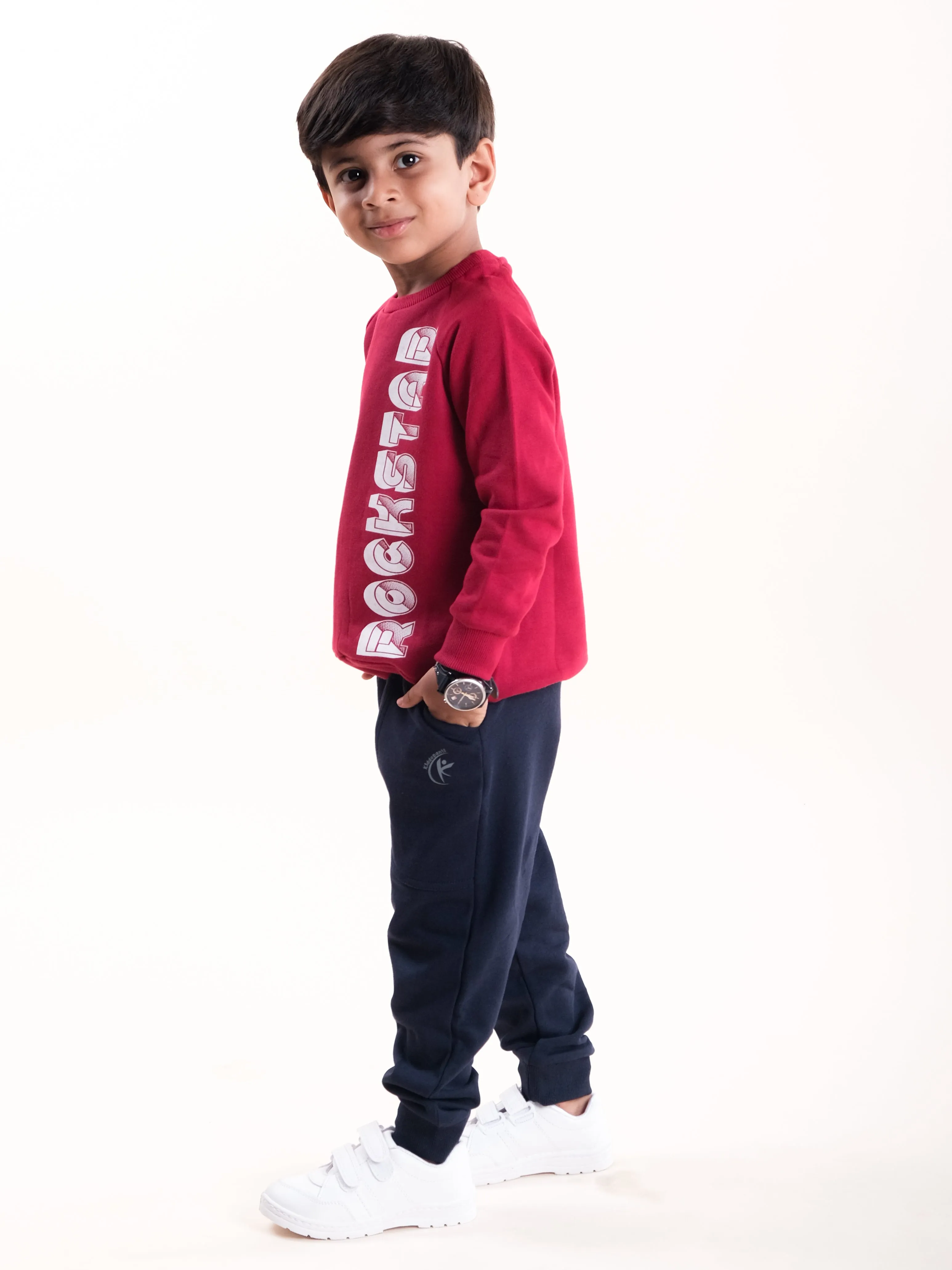 Boys Fleece Printed Round Neck Sweatshirt With Solid Track Pant Set