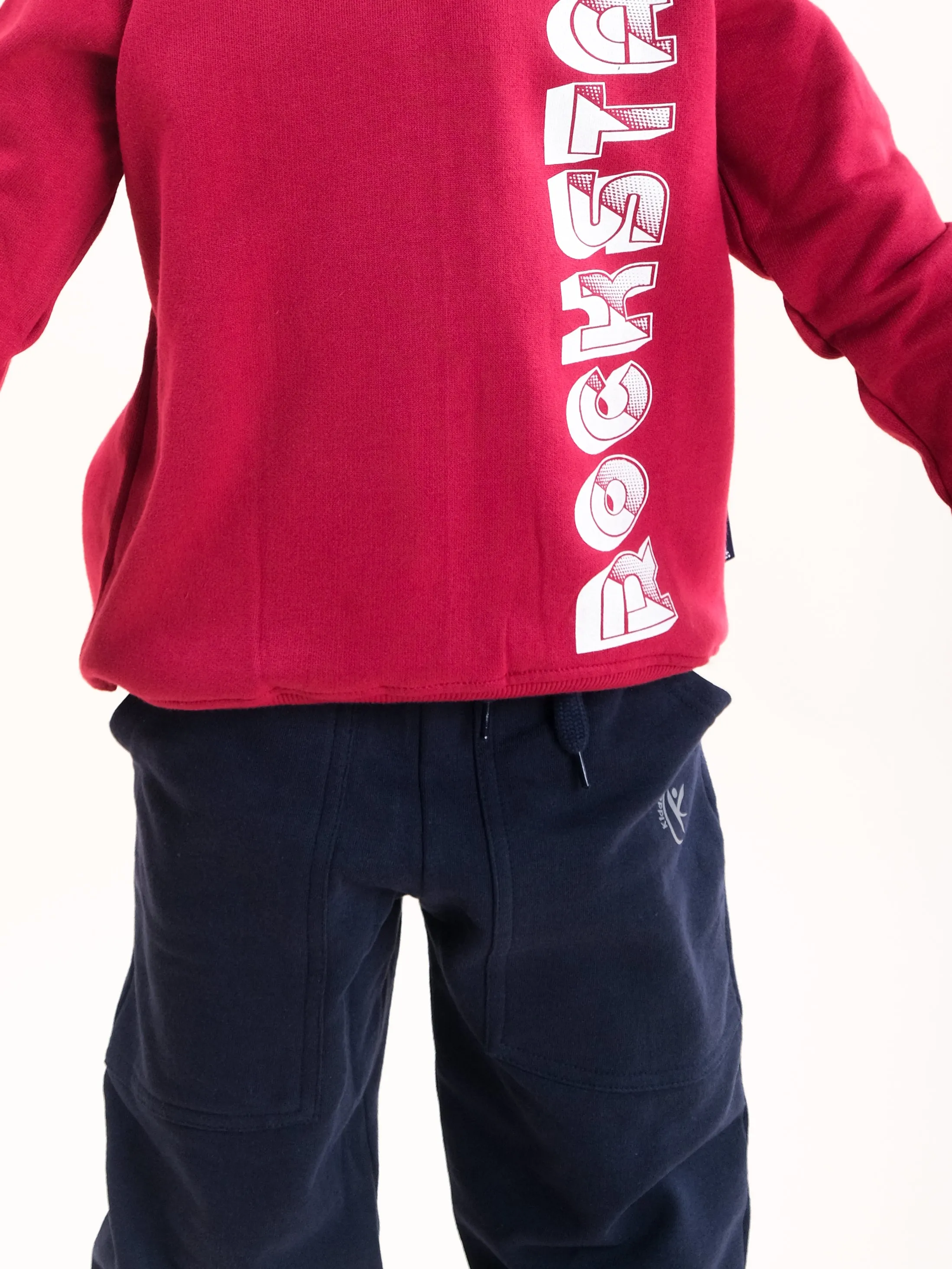 Boys Fleece Printed Round Neck Sweatshirt With Solid Track Pant Set