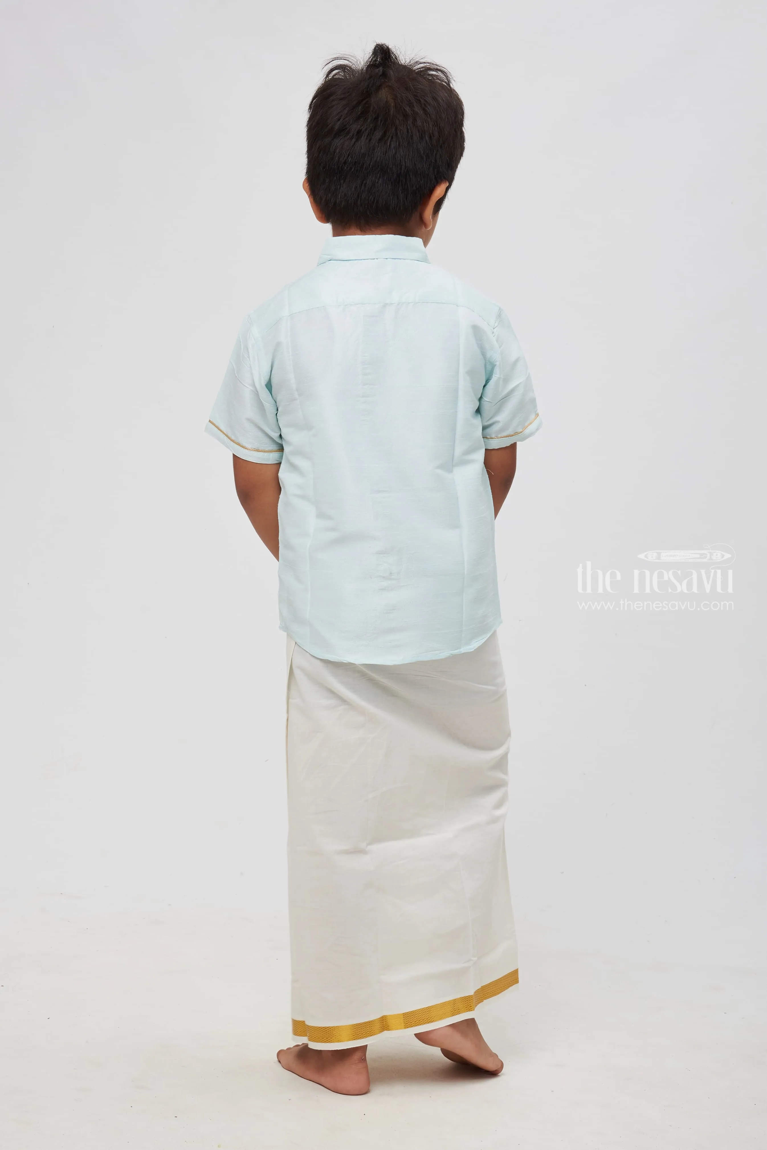 Boys Ice Blue Silk Shirt with Subtle Golden Trims: A Symphonious Blend of Elegance and Comfort