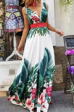 Casual Print Split Joint V Neck Waist Skirt Dresses