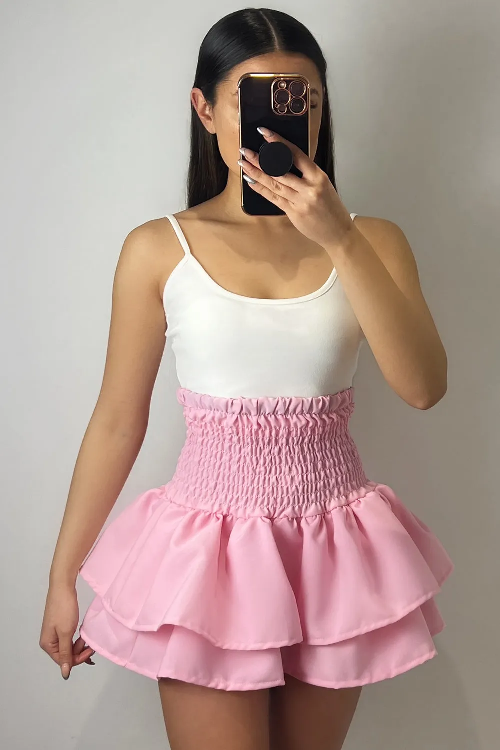 Cece Baby Pink Shirred Waist Ruffle Hem Mini Skirt