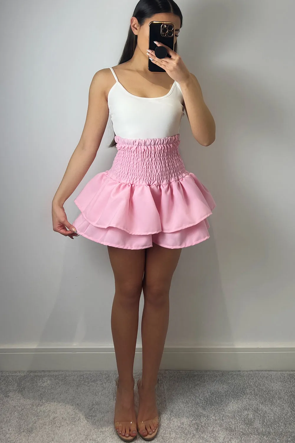 Cece Baby Pink Shirred Waist Ruffle Hem Mini Skirt