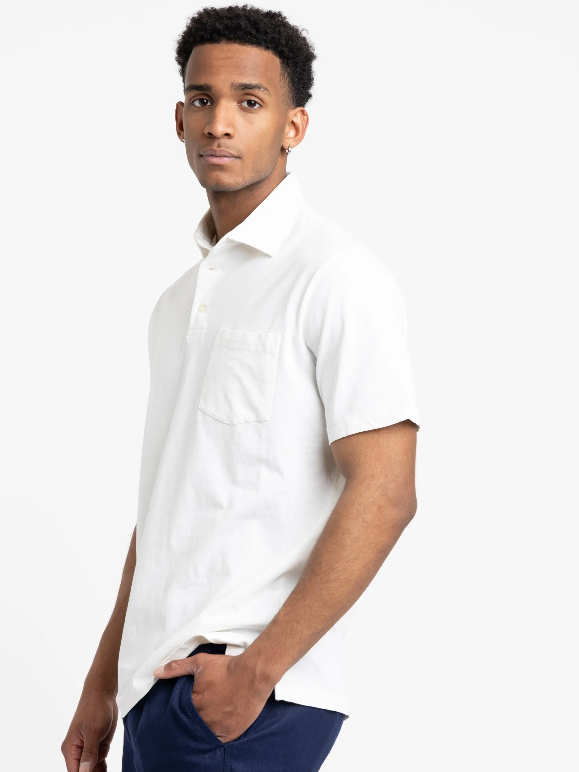 Ceramic White Classic Fit Cotton-Linen Polo Shirt