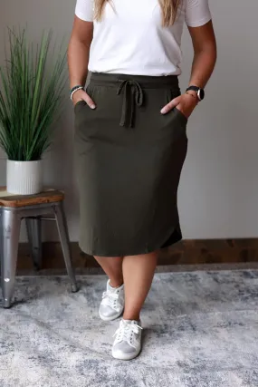 Dark Olive Drawstring Midi Skirt