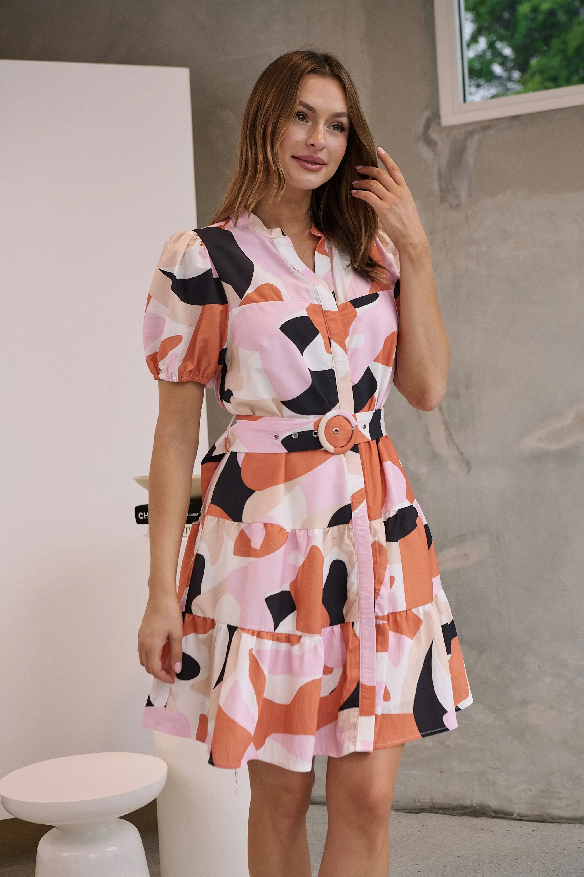 Donna Orange/Pink/Beige Abstract Frill Dress