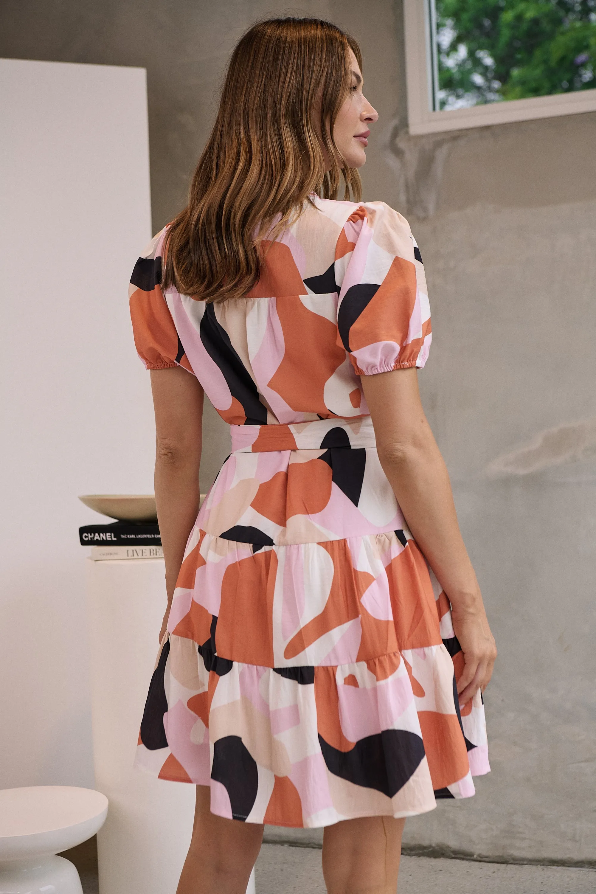 Donna Orange/Pink/Beige Abstract Frill Dress