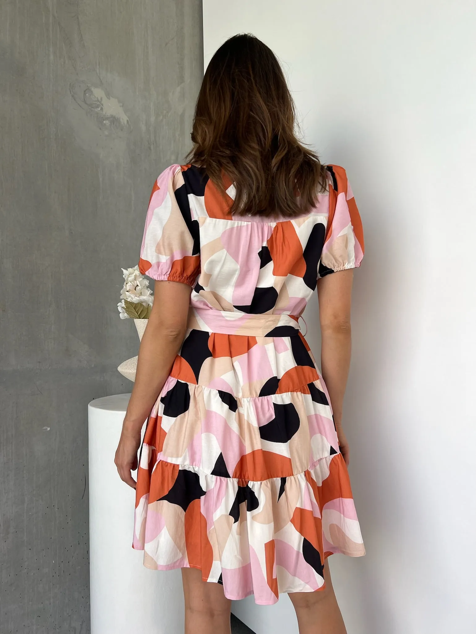 Donna Orange/Pink/Beige Abstract Frill Dress