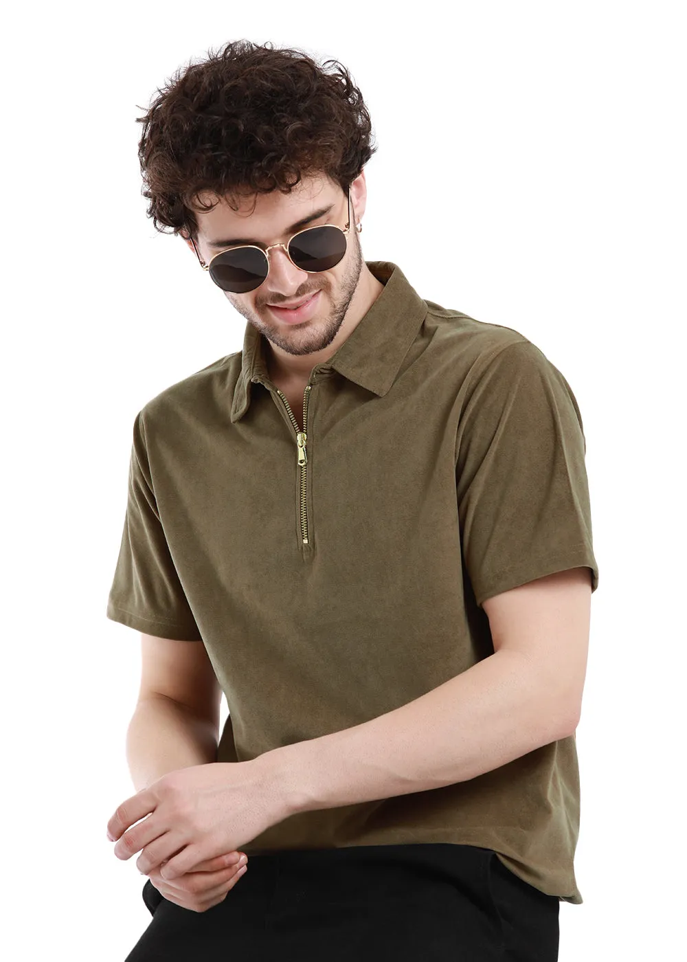 Dusty Brown Zip polo T-shirt