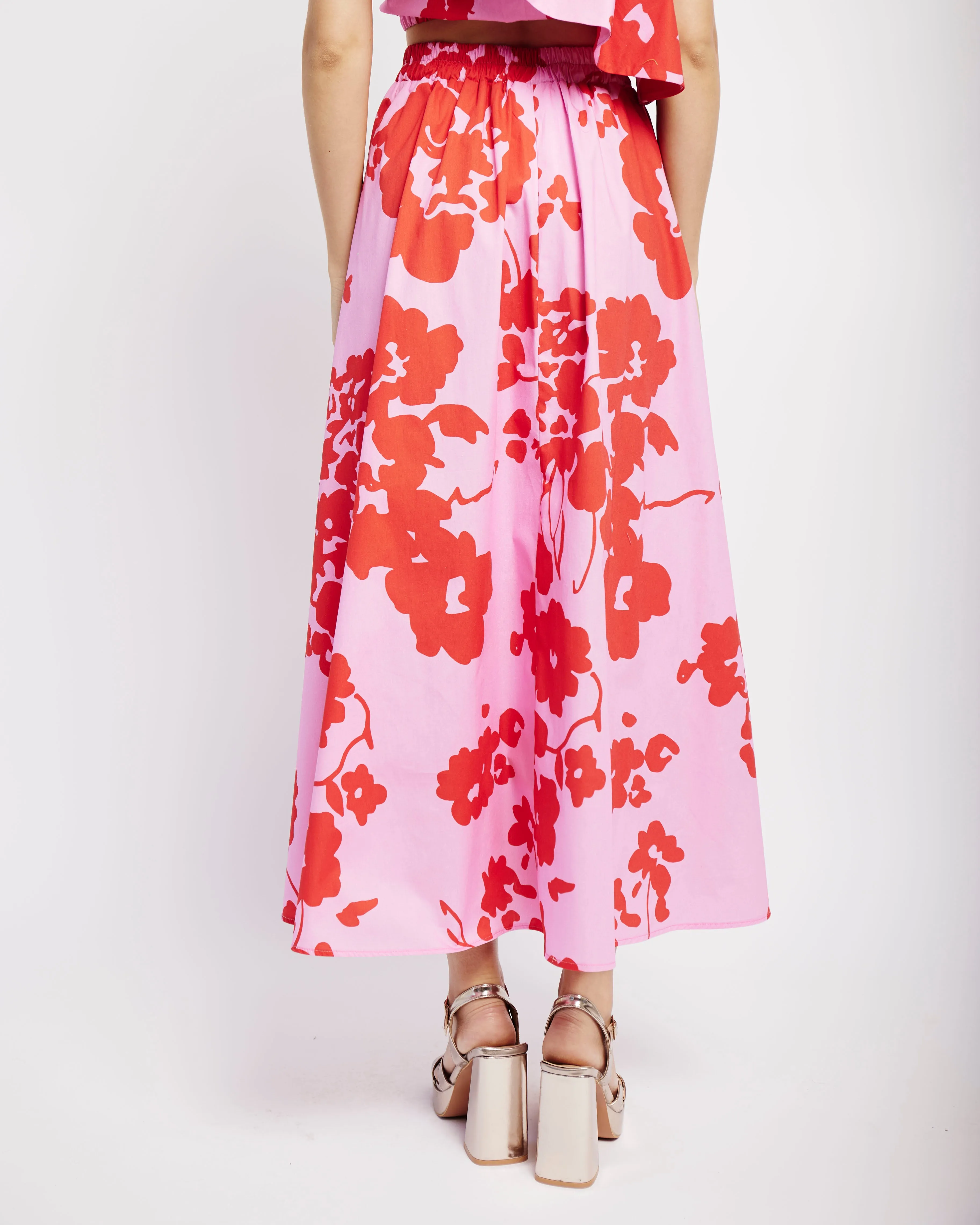 Easy Midi Skirt in Red and Pink Floral