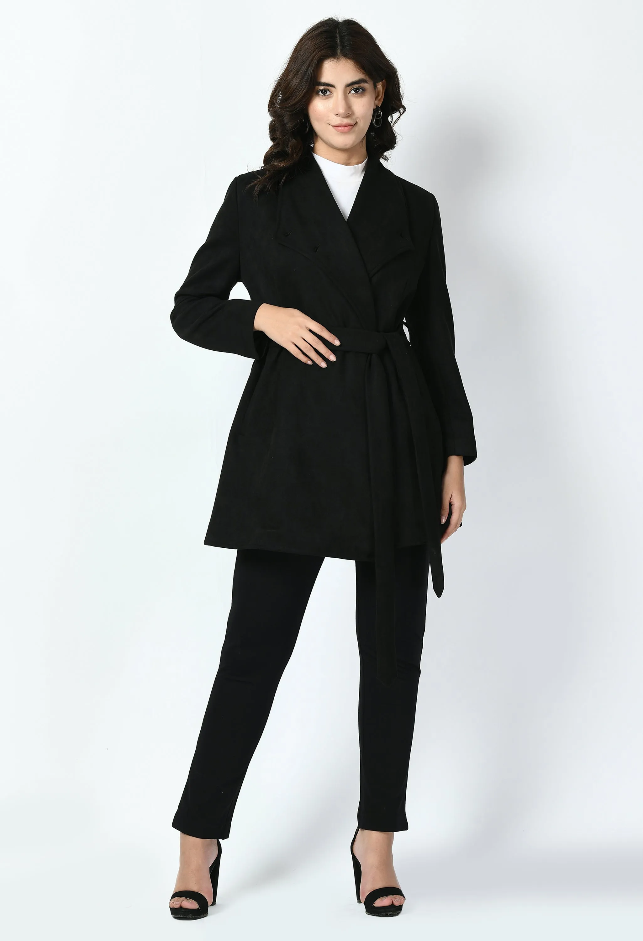 Exude Spark Suede Leather Medium Wrap Coat (Black)