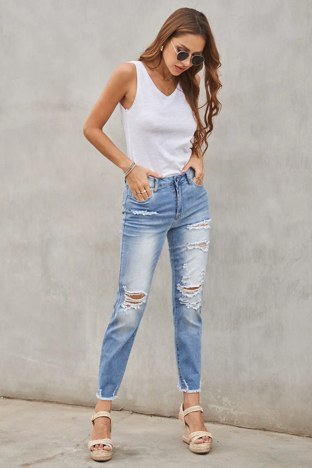 Fashion Light Blue Distressed Boyfriend Denim Pants