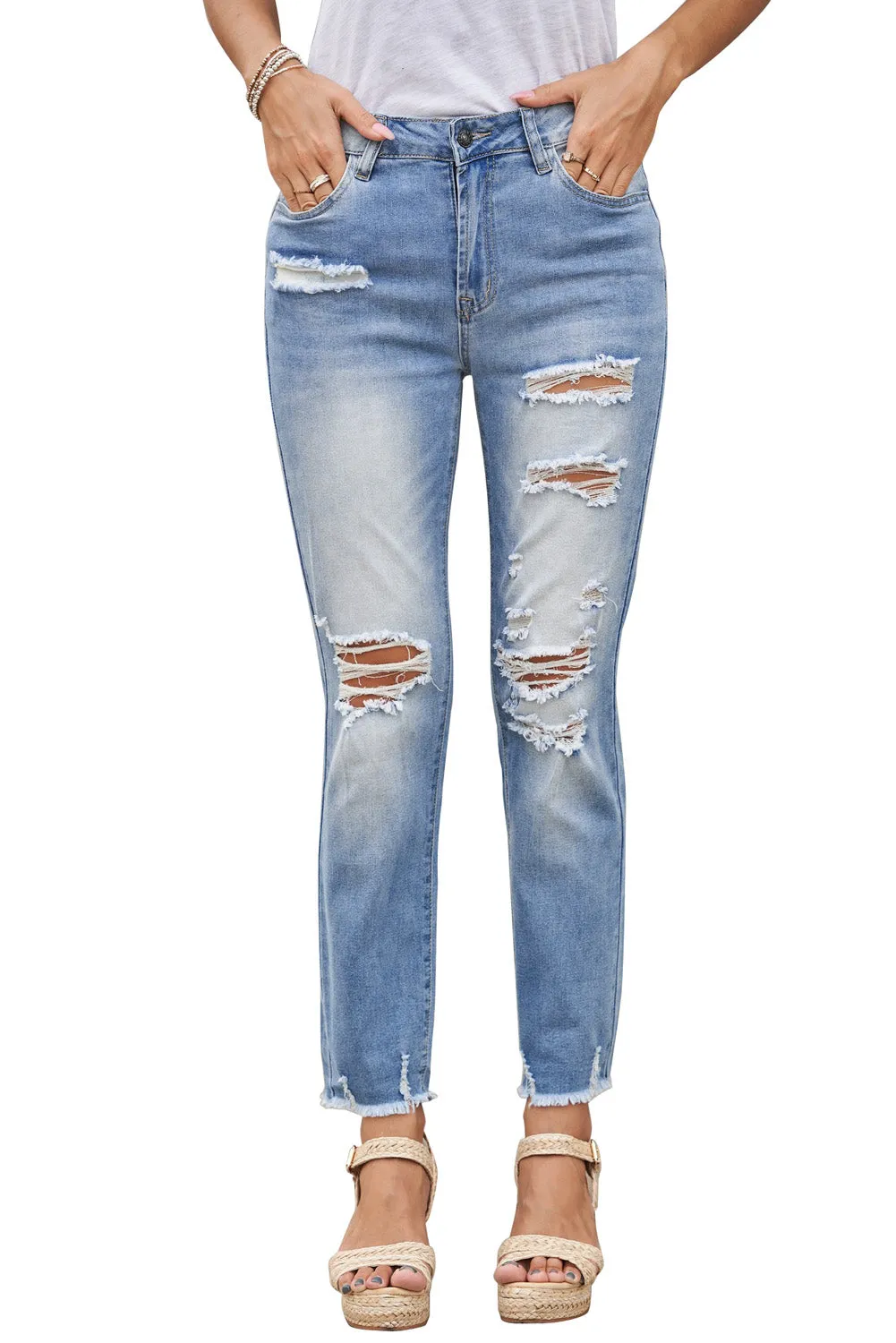 Fashion Light Blue Distressed Boyfriend Denim Pants