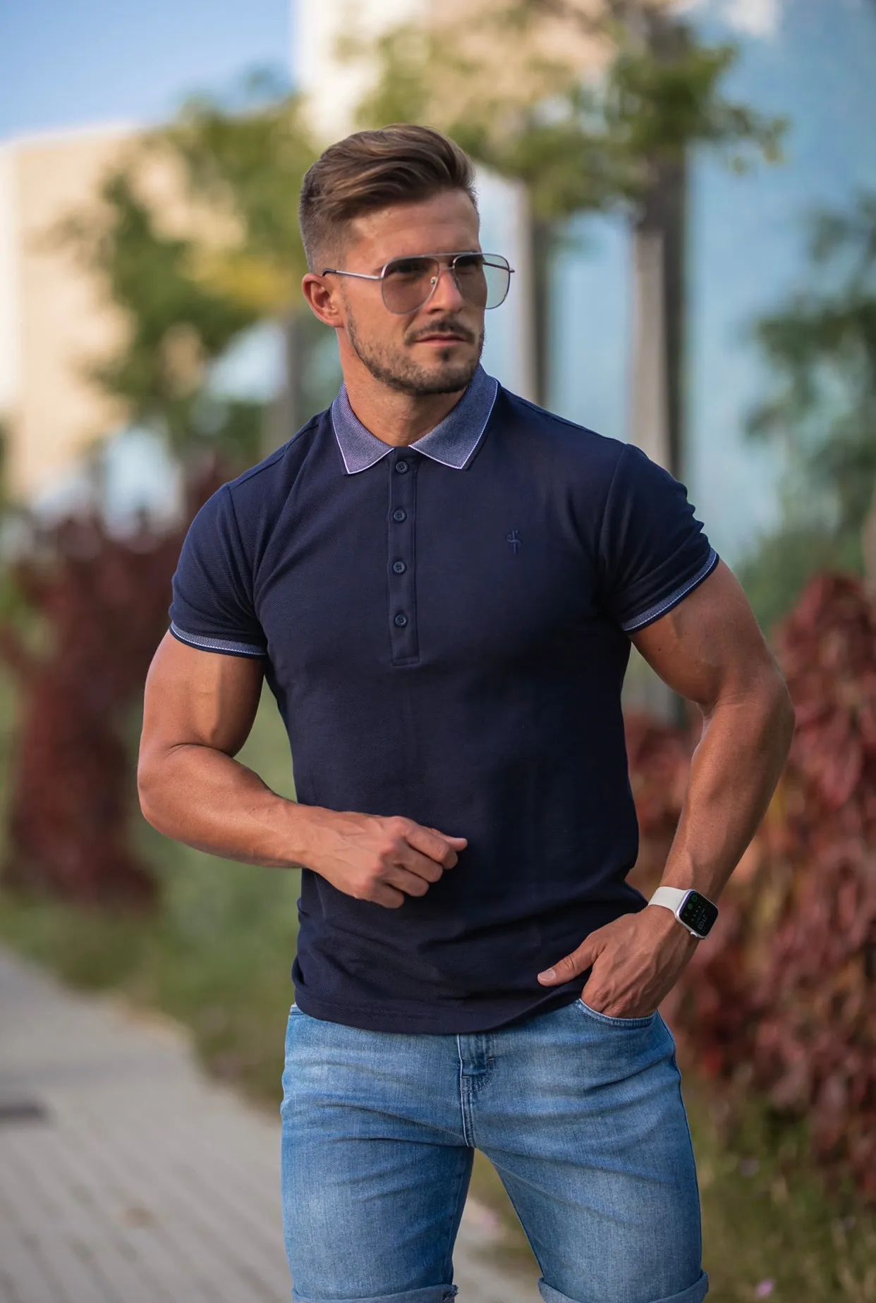 Father Sons Classic Navy Honeycomb Textured Polo Shirt with Contrast Collar Short Sleeve  - FSH424