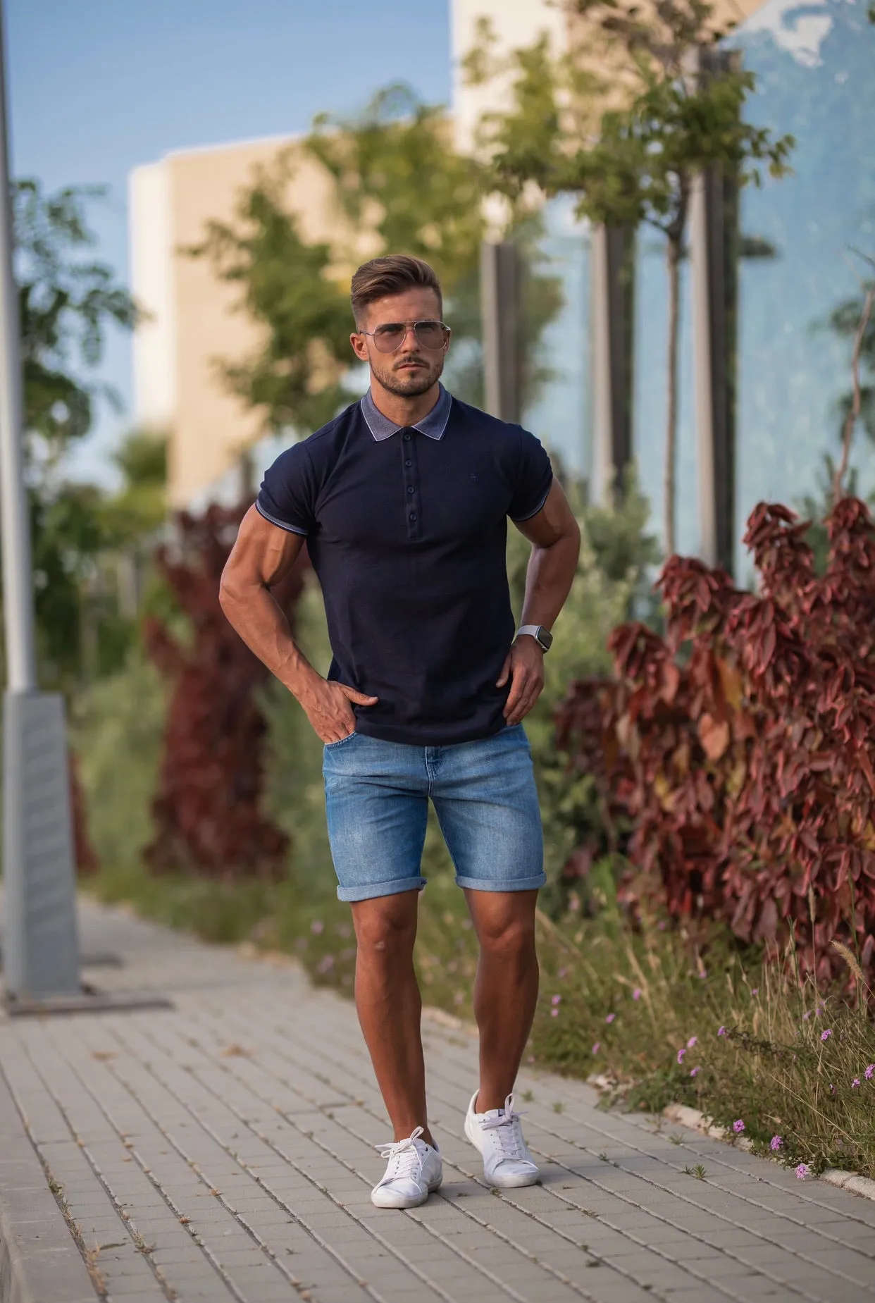 Father Sons Classic Navy Honeycomb Textured Polo Shirt with Contrast Collar Short Sleeve  - FSH424