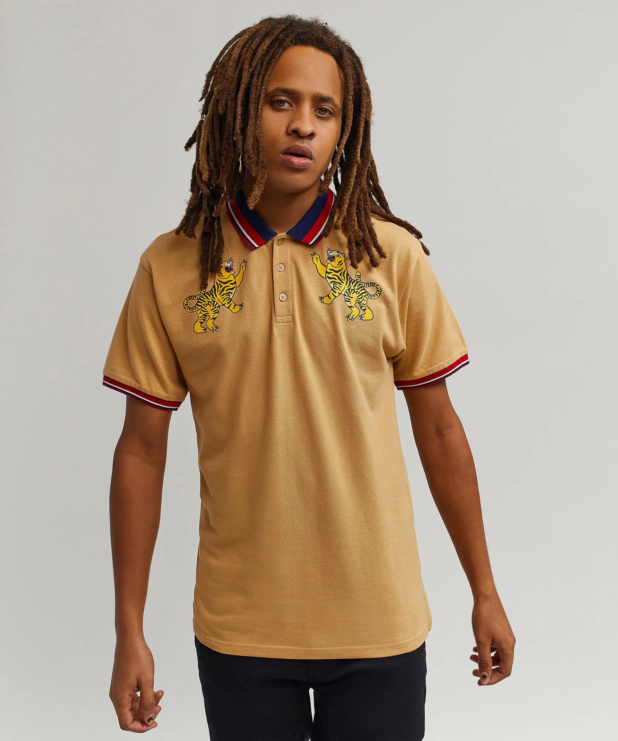 Fearless Tiger Embroidered Polo Shirt - Khaki