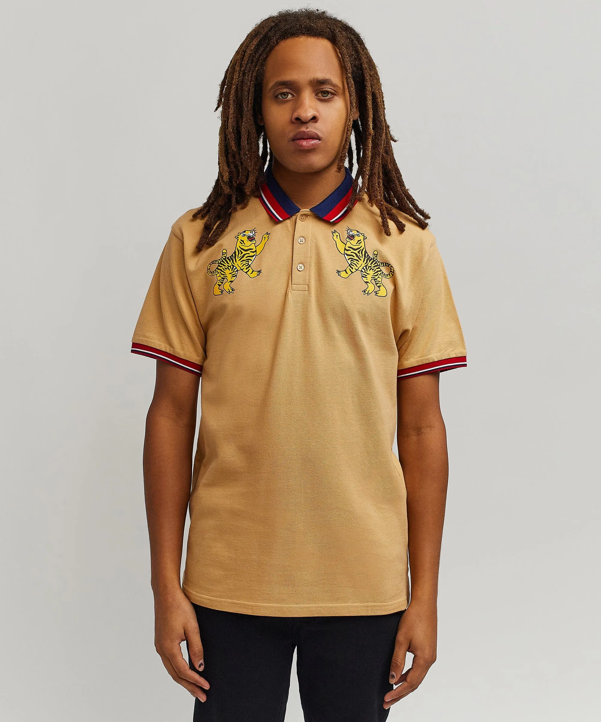 Fearless Tiger Embroidered Polo Shirt - Khaki