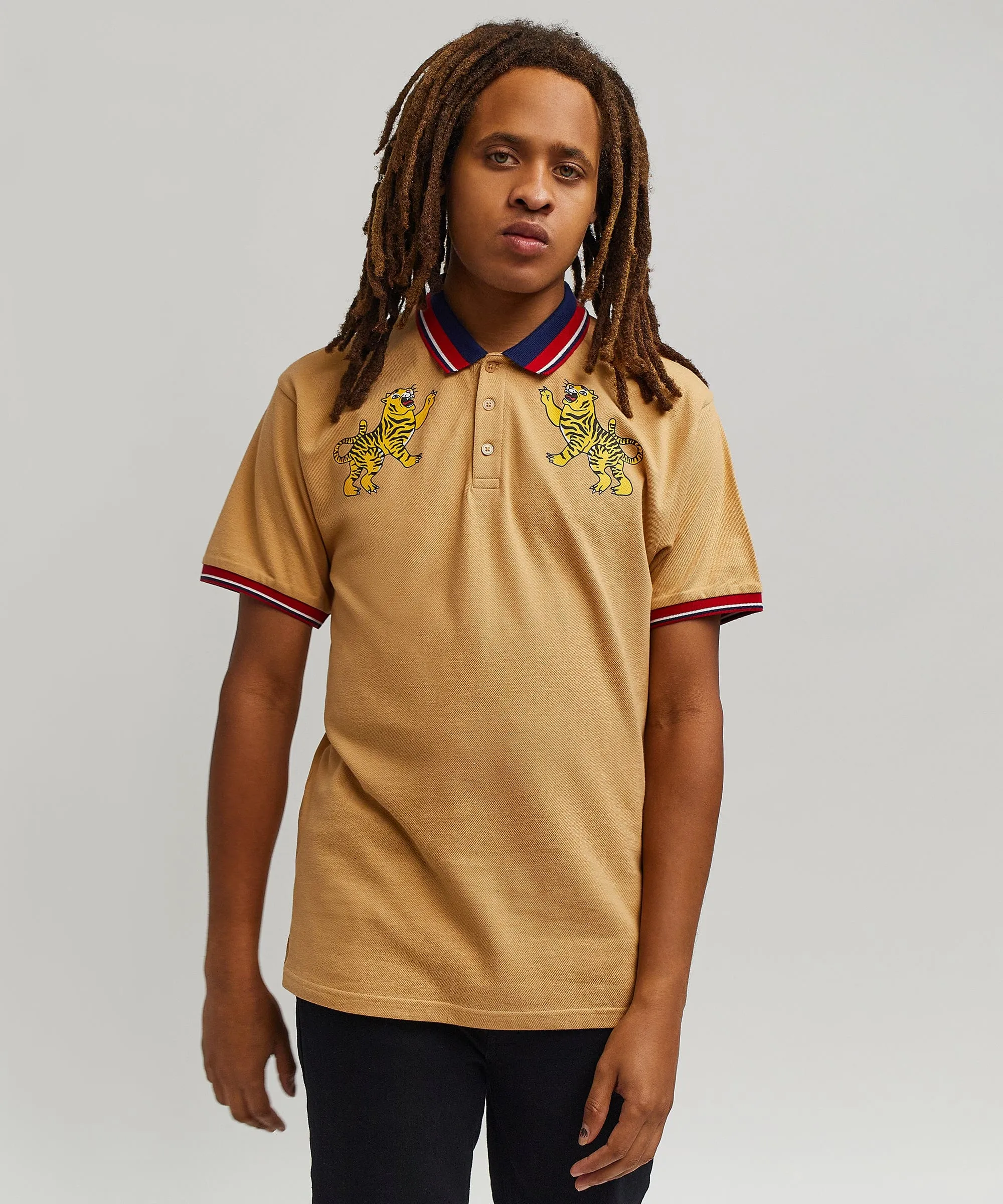 Fearless Tiger Embroidered Polo Shirt - Khaki