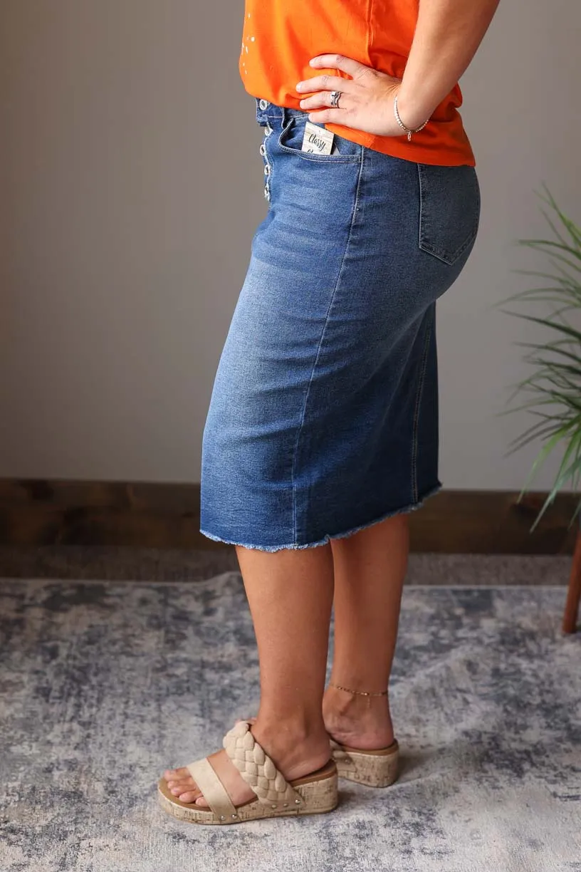 Fray Button Fly Midi Denim Skirt