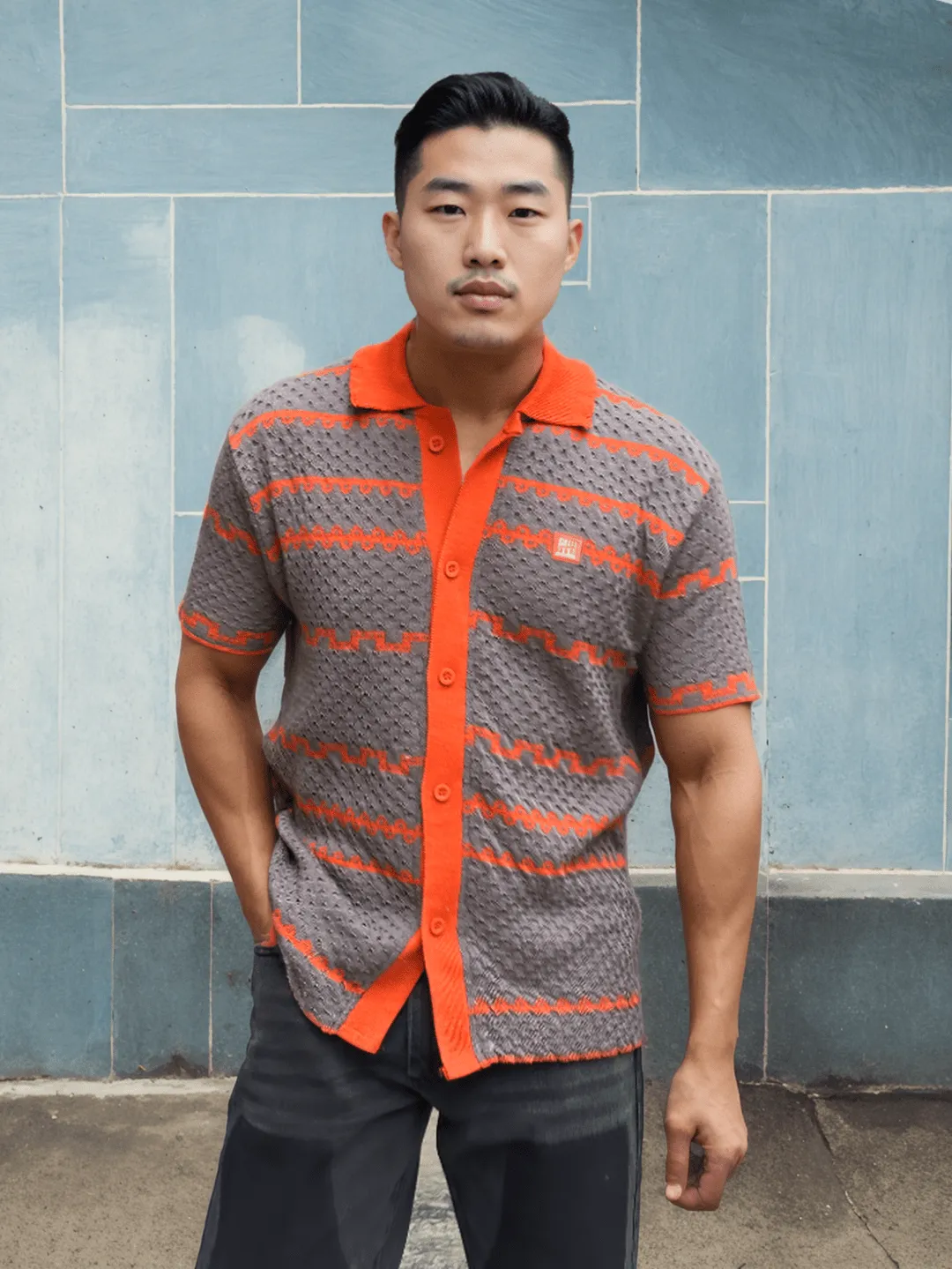 Grey And Orange Striped Crochet Shirt