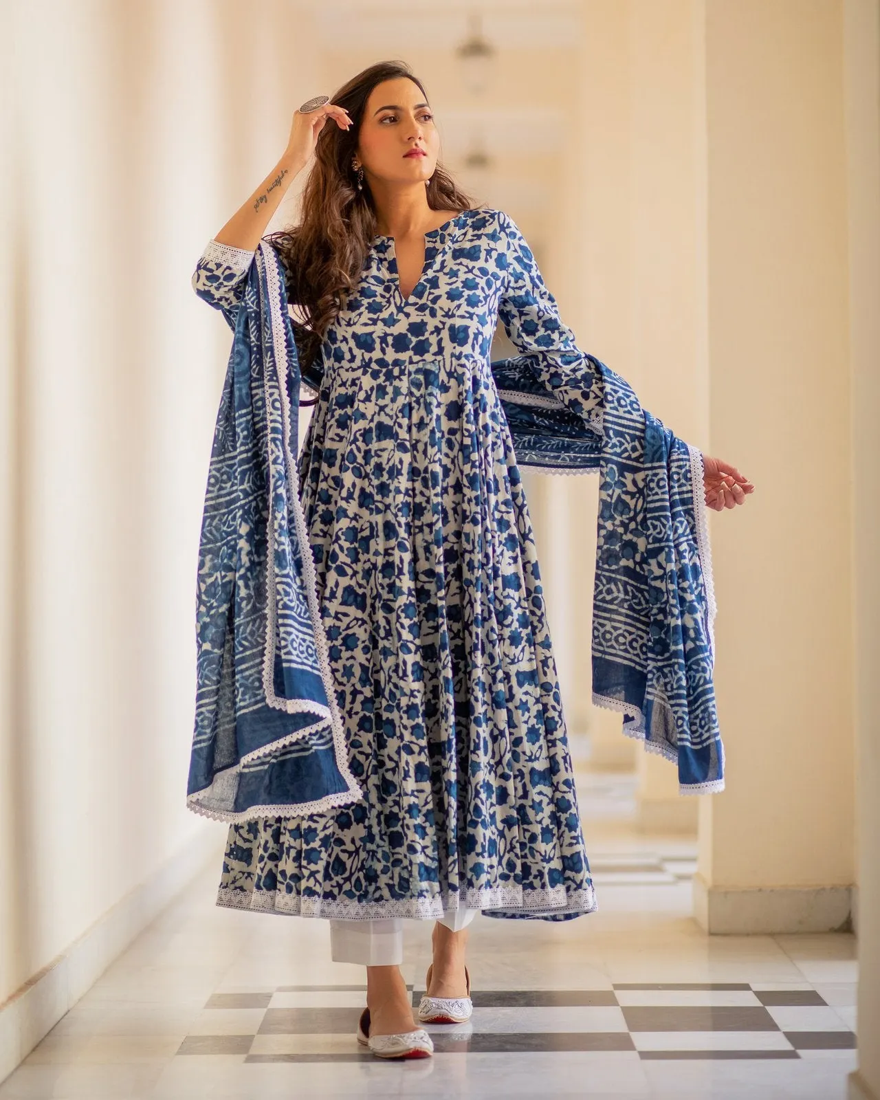 Indigo Dabu Print Cotton Dress Set