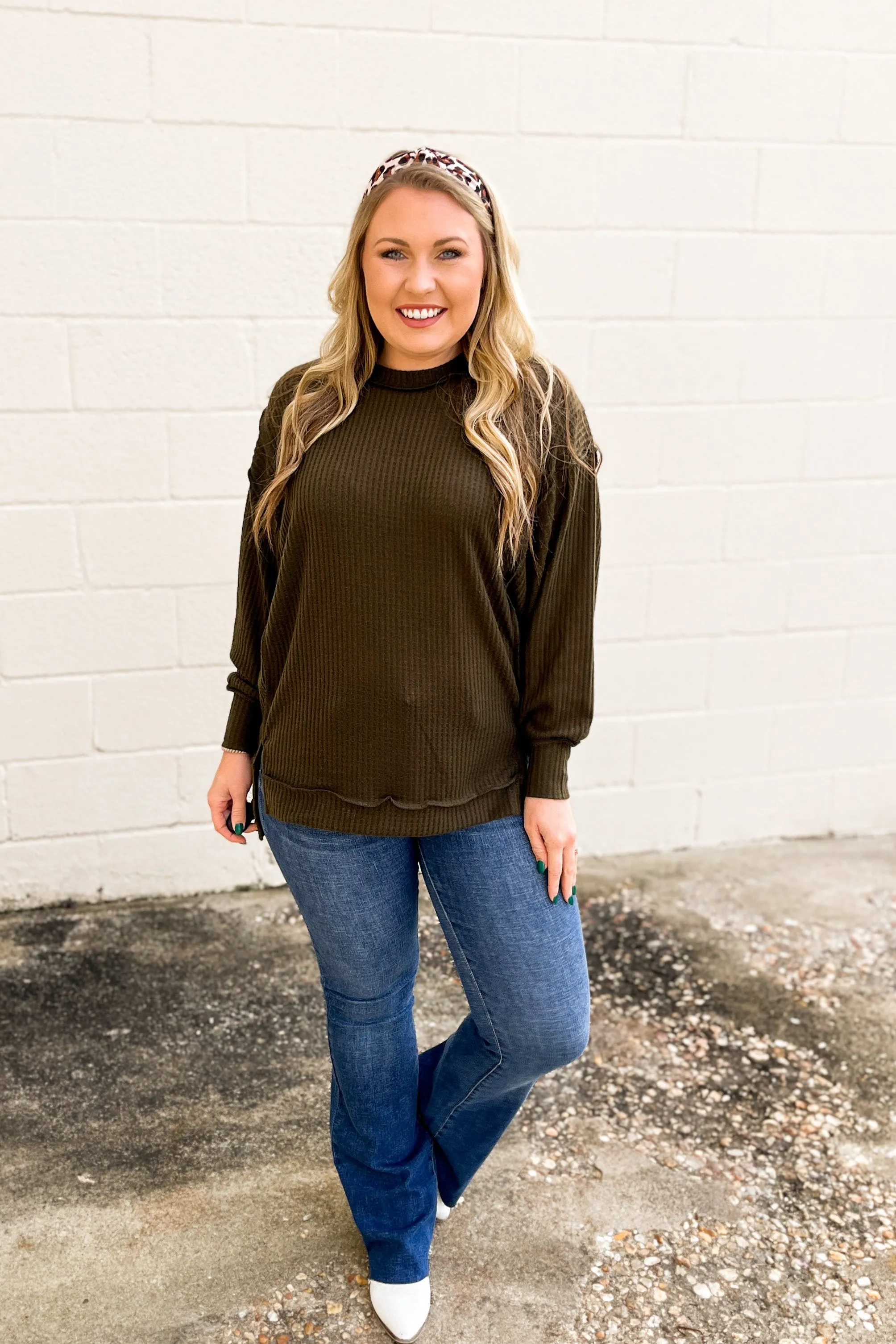 Jess Oversized Waffle Knit Pullover Top, Olive