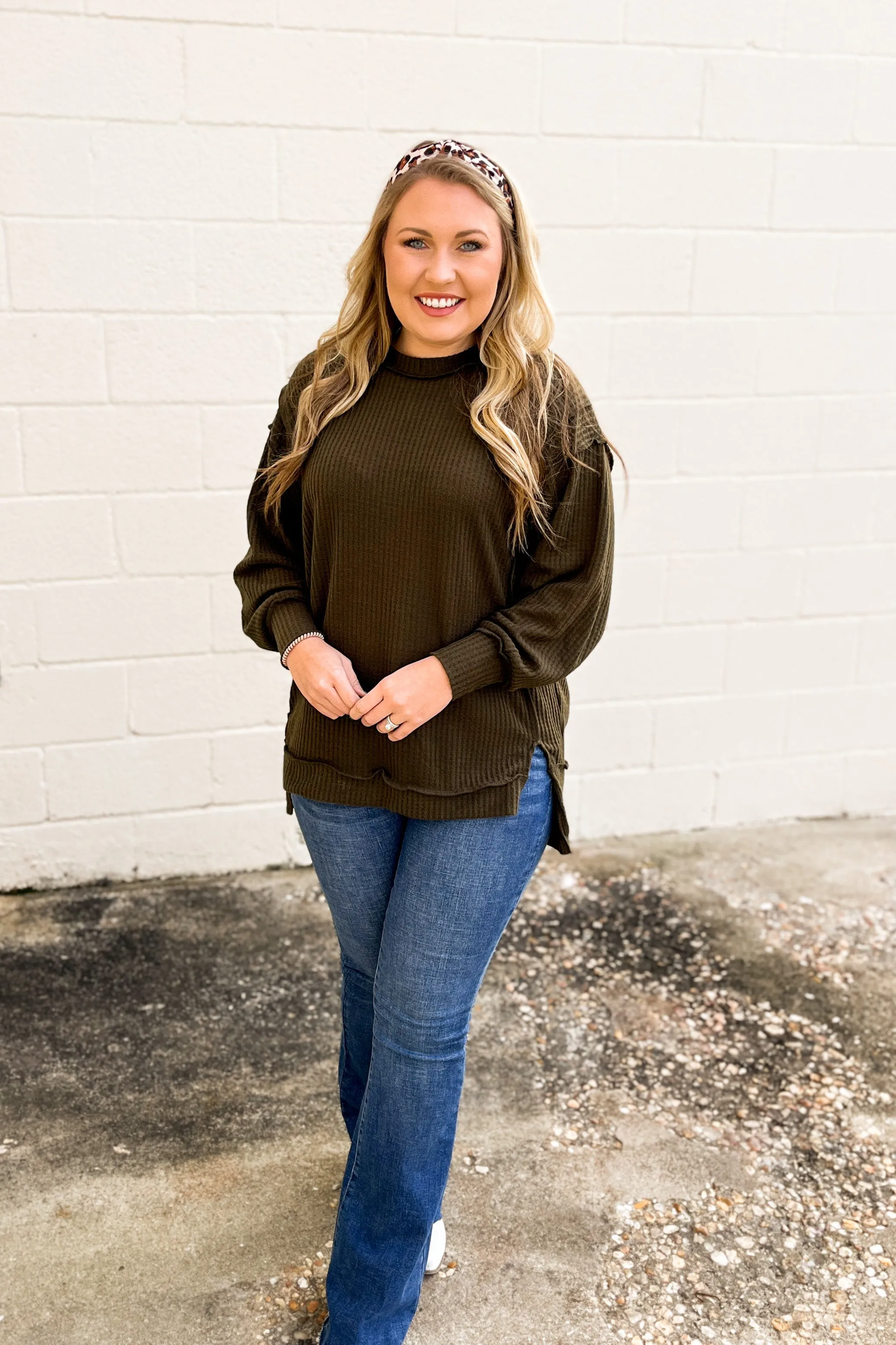 Jess Oversized Waffle Knit Pullover Top, Olive