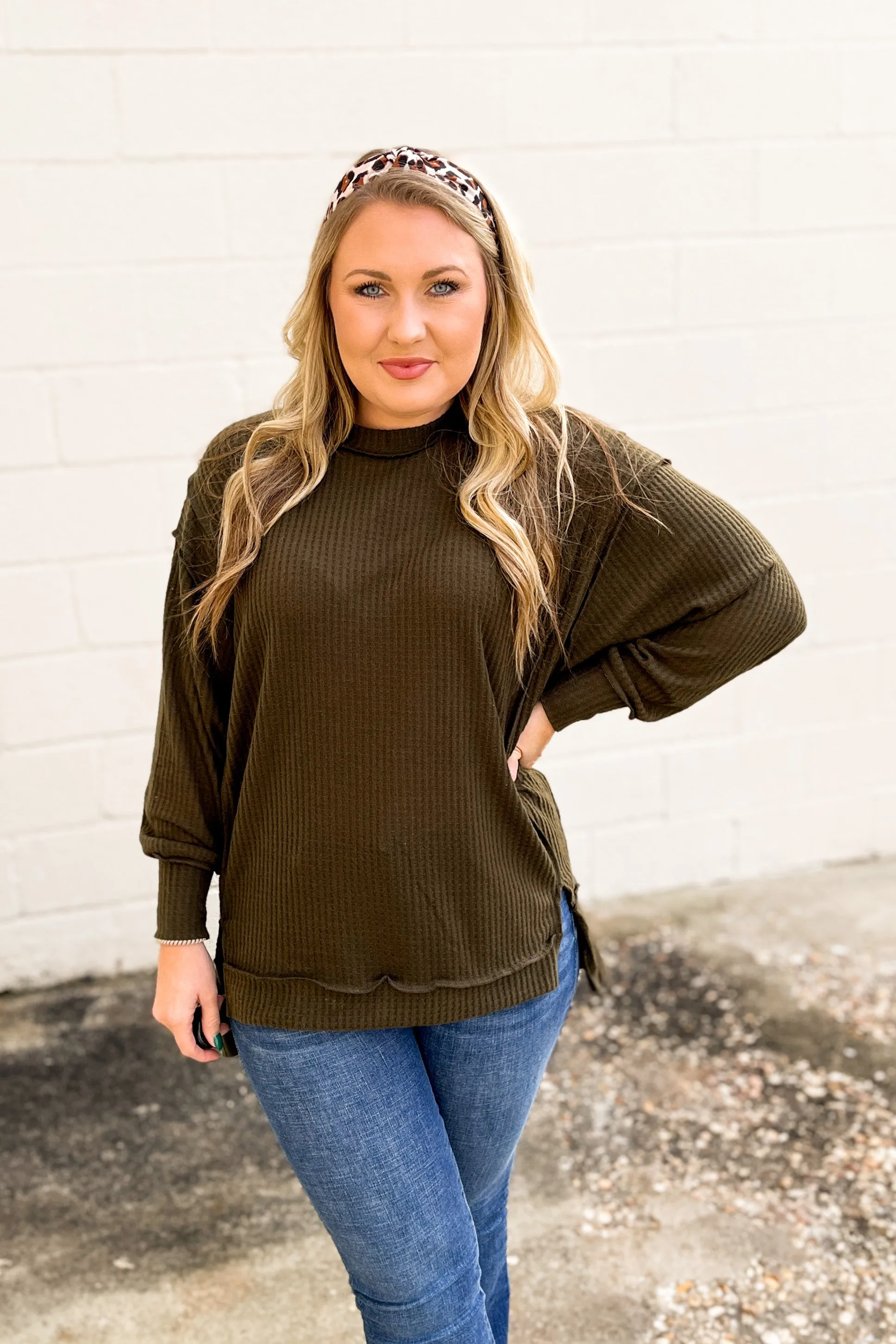 Jess Oversized Waffle Knit Pullover Top, Olive